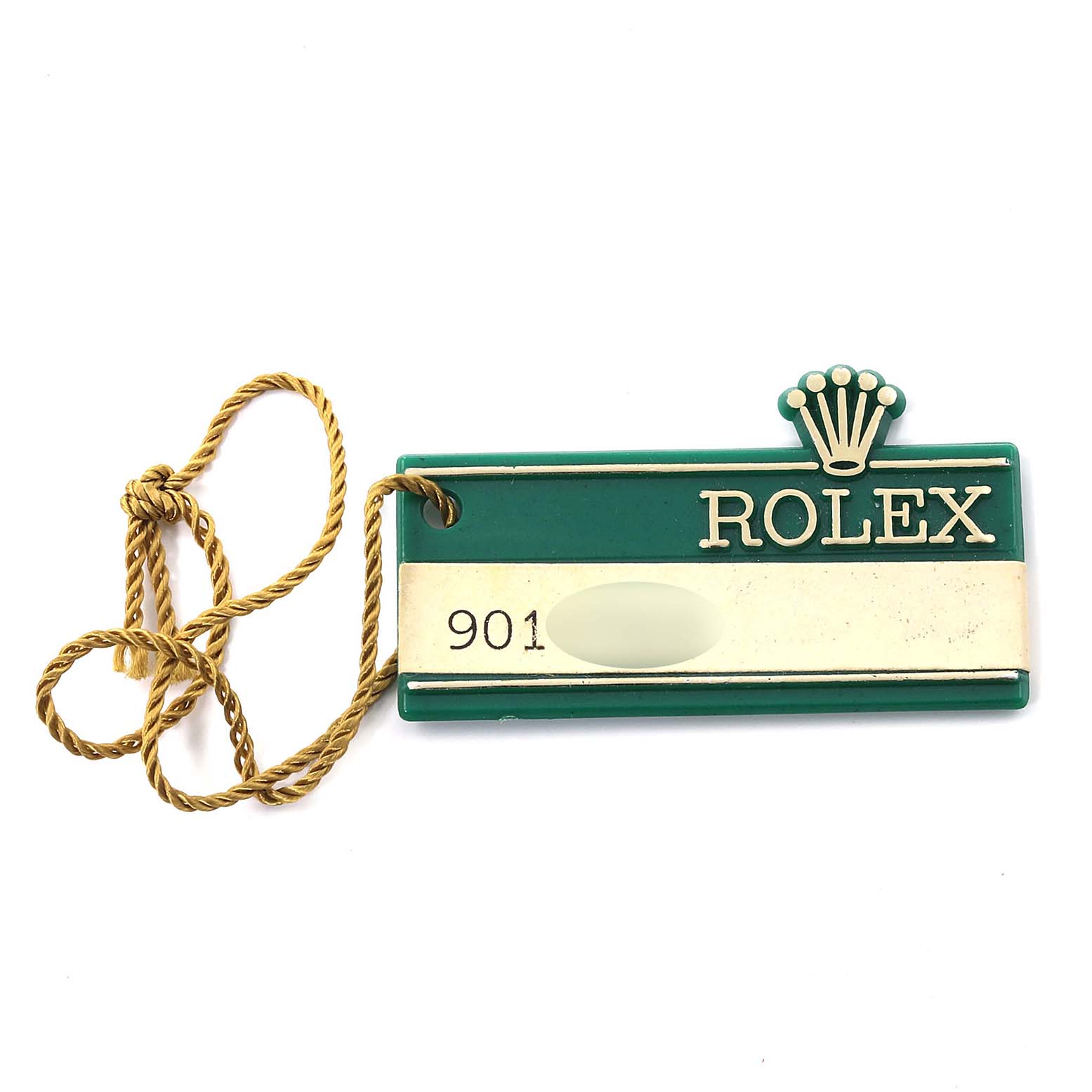 This image shows a close-up of a green and gold tag/label for a Rolex Datejust 69173 Women's Steel and Gold (two tone) Champagne Dial 69173 Women's Steel and Gold (two tone) Champagne Dial watch, with the brand logo and name.