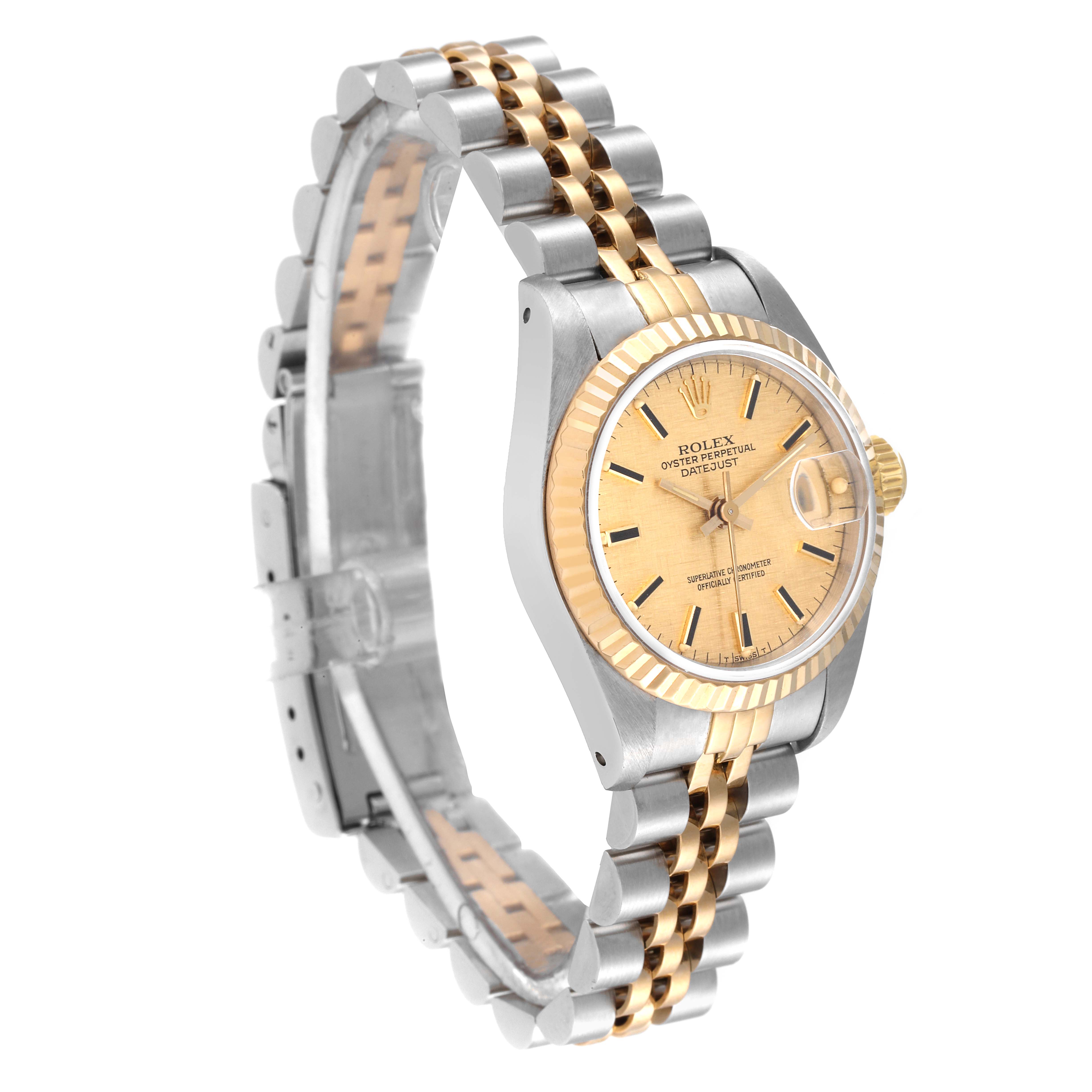 The image shows a Rolex Datejust 69173 Women's Steel and Gold (two tone) Champagne Dial 69173 Women's Steel and Gold (two tone) Champagne Dial watch from an oblique angle, highlighting the case, bezel, dial, and bracelet.