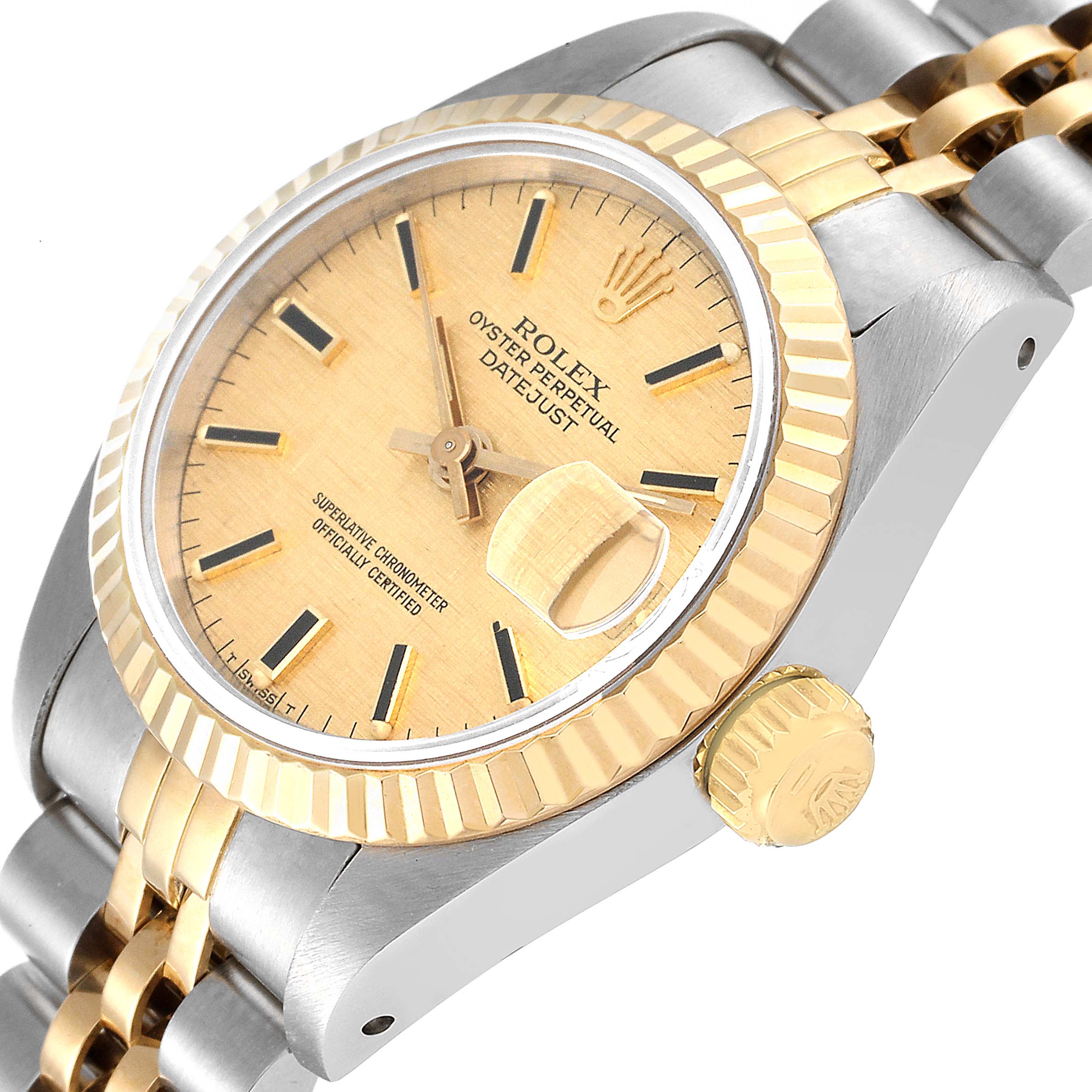 The image shows a close-up angled view of the Rolex Datejust 69173 Women's Steel and Gold (two tone) Champagne Dial 69173 Women's Steel and Gold (two tone) Champagne Dial, displaying its dial, bezel, crown, and part of the bracelet.