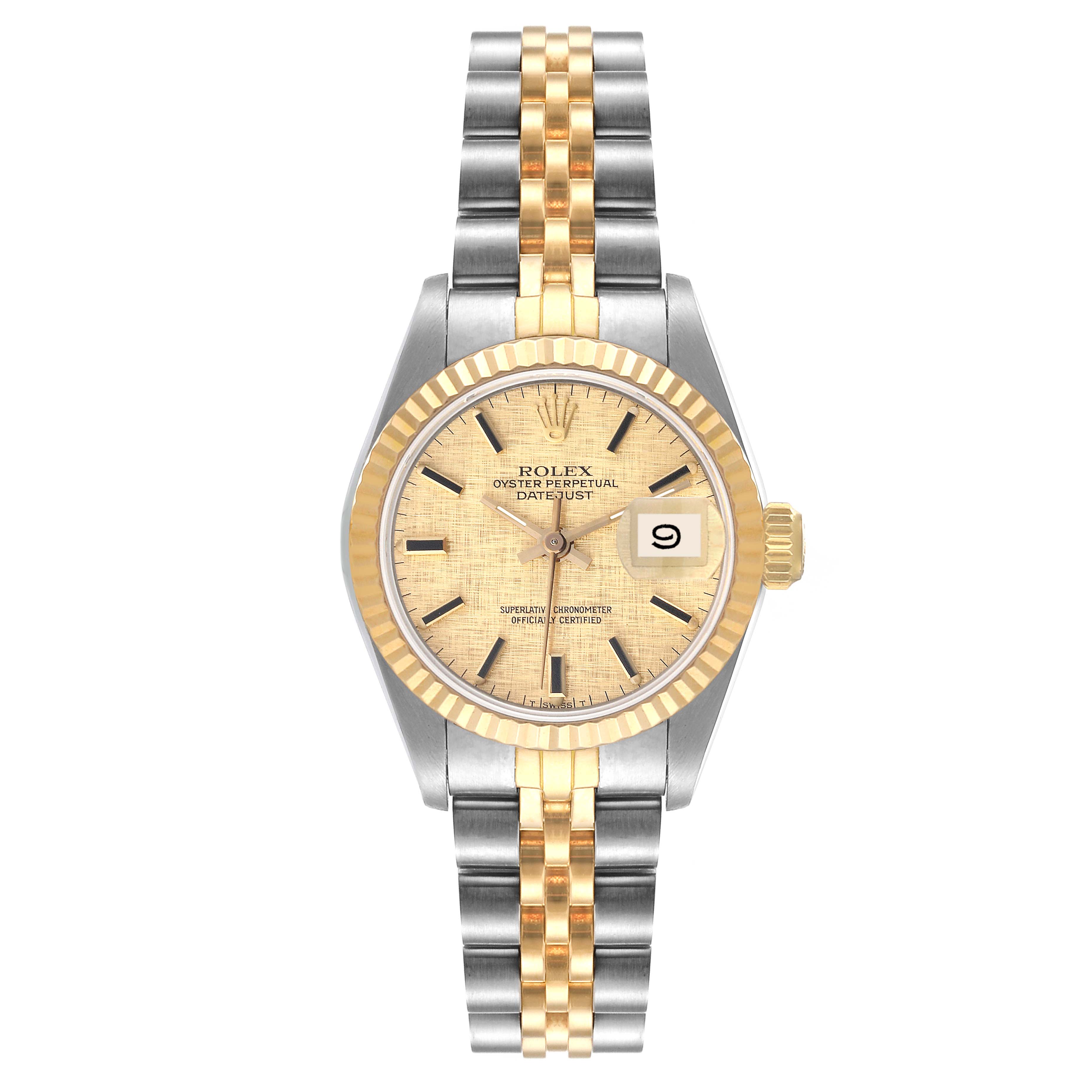 This is a front view of a Rolex Datejust 69173 Women's Steel and Gold (two tone) Champagne Dial 69173 Women's Steel and Gold (two tone) Champagne Dial watch, showing the dial, bezel, hands, and jubilee bracelet.