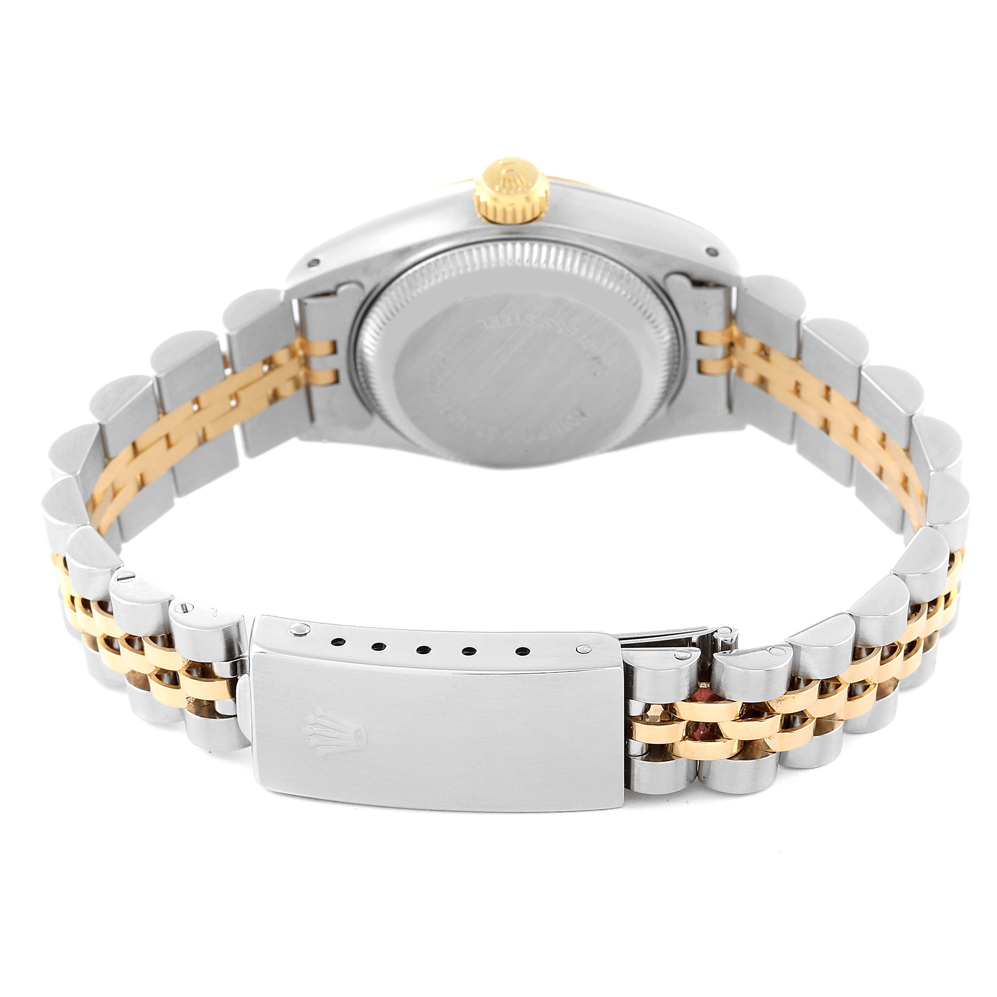 The image shows the back of a Rolex Datejust 69173 Women's Steel and Gold (two tone) Champagne Dial 69173 Women's Steel and Gold (two tone) Champagne Dial watch, highlighting the bracelet, clasp, and screw-down case back.
