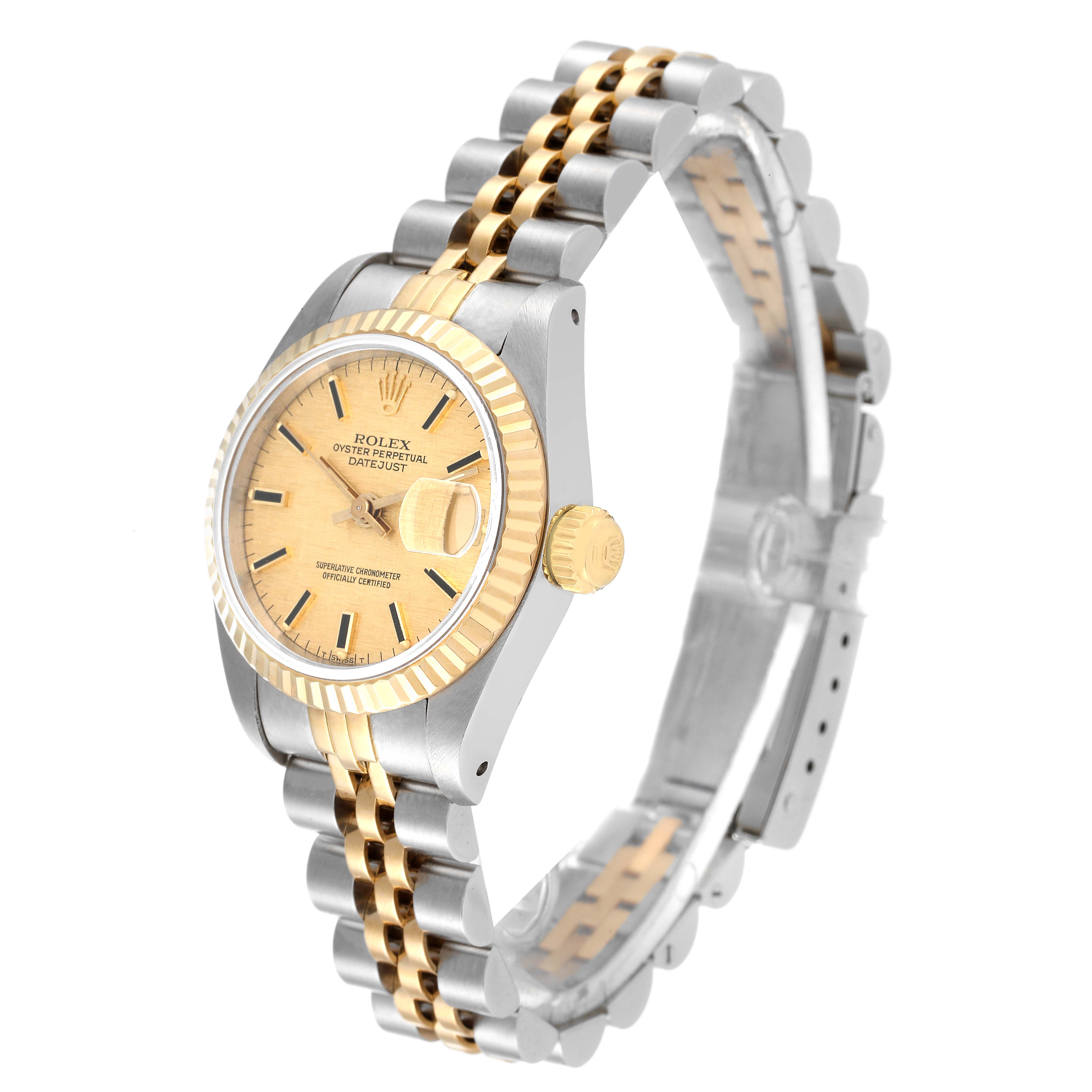 The Rolex Datejust 69173 Women's Steel and Gold (two tone) Champagne Dial 69173 Women's Steel and Gold (two tone) Champagne Dial watch is shown at a three-quarter angle displaying the face, bezel, and two-tone bracelet.