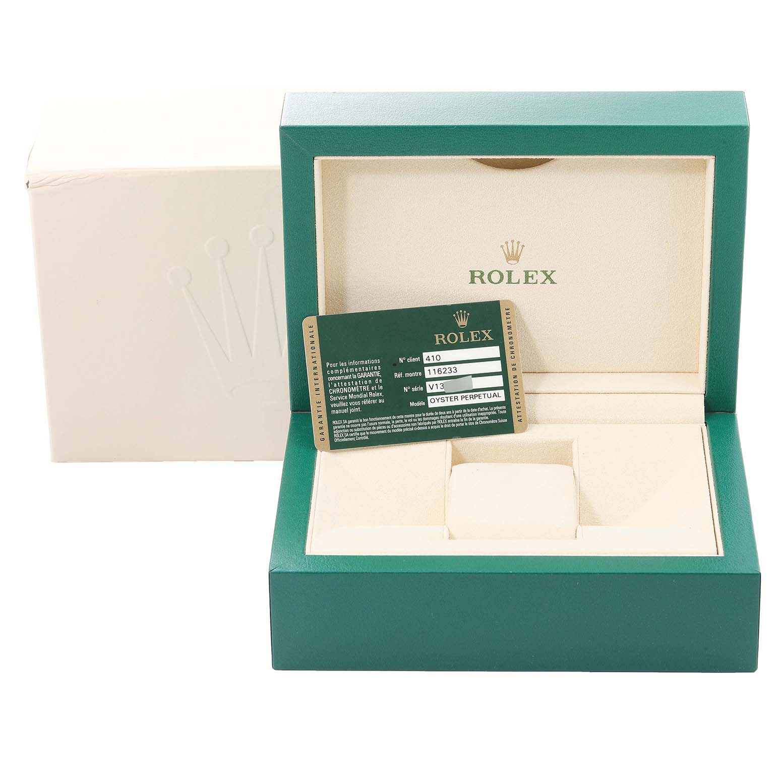 The image shows a Rolex Datejust 116233 Men's Steel and Gold (two tone) Beige Dial 116233 Men's Steel and Gold (two tone) Beige Dial watch box with an authentication card placed inside at an angle.