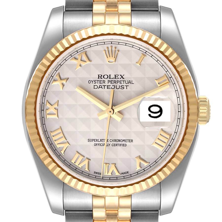 Rolex Datejust Steel Yellow Gold Pyramid Roman Dial Mens Watch 116233 Box Card SwissWatchExpo