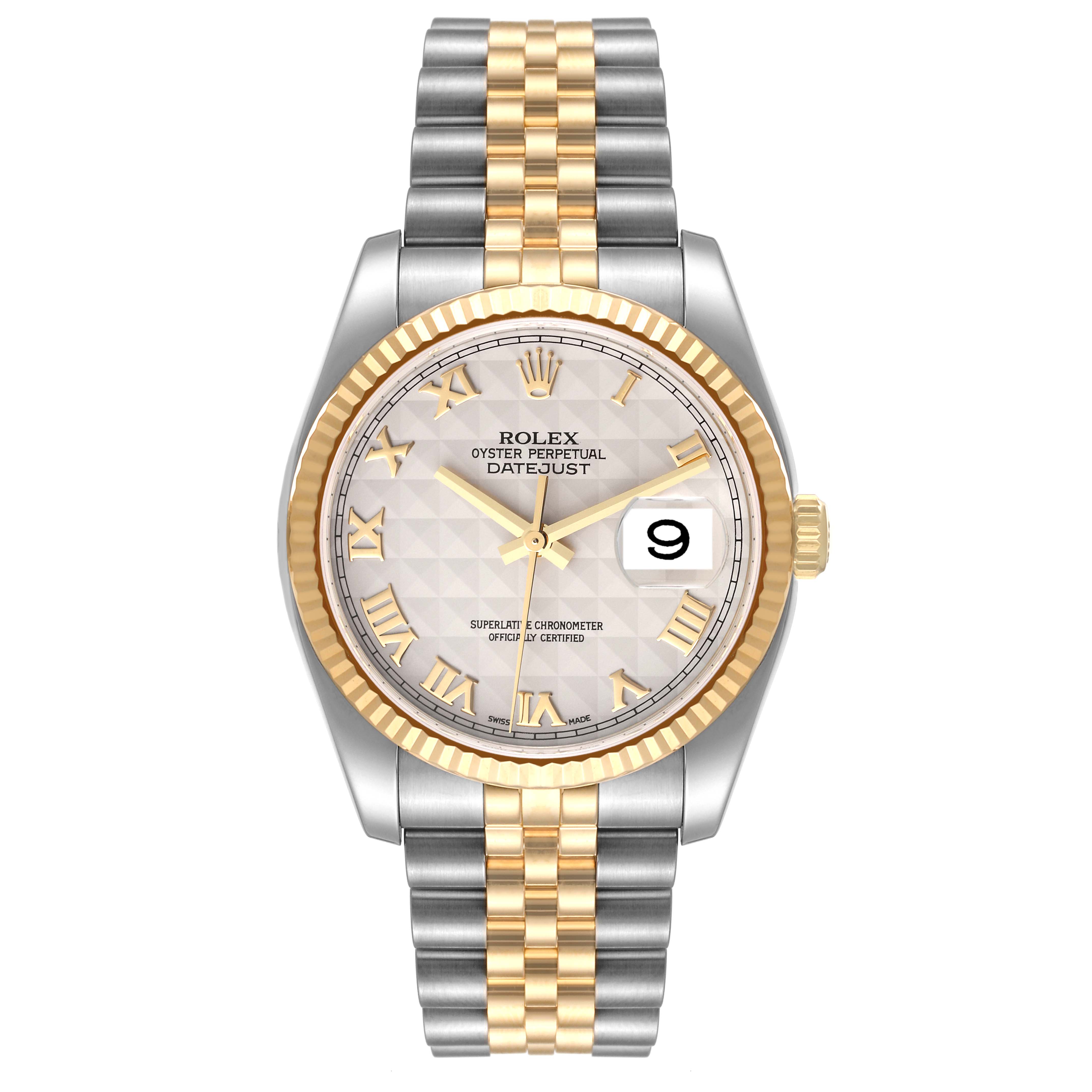This image shows a front view of the Rolex Datejust 116233 Men's Steel and Gold (two tone) Beige Dial 116233 Men's Steel and Gold (two tone) Beige Dial watch displaying the dial, bezel, and Jubilee bracelet.