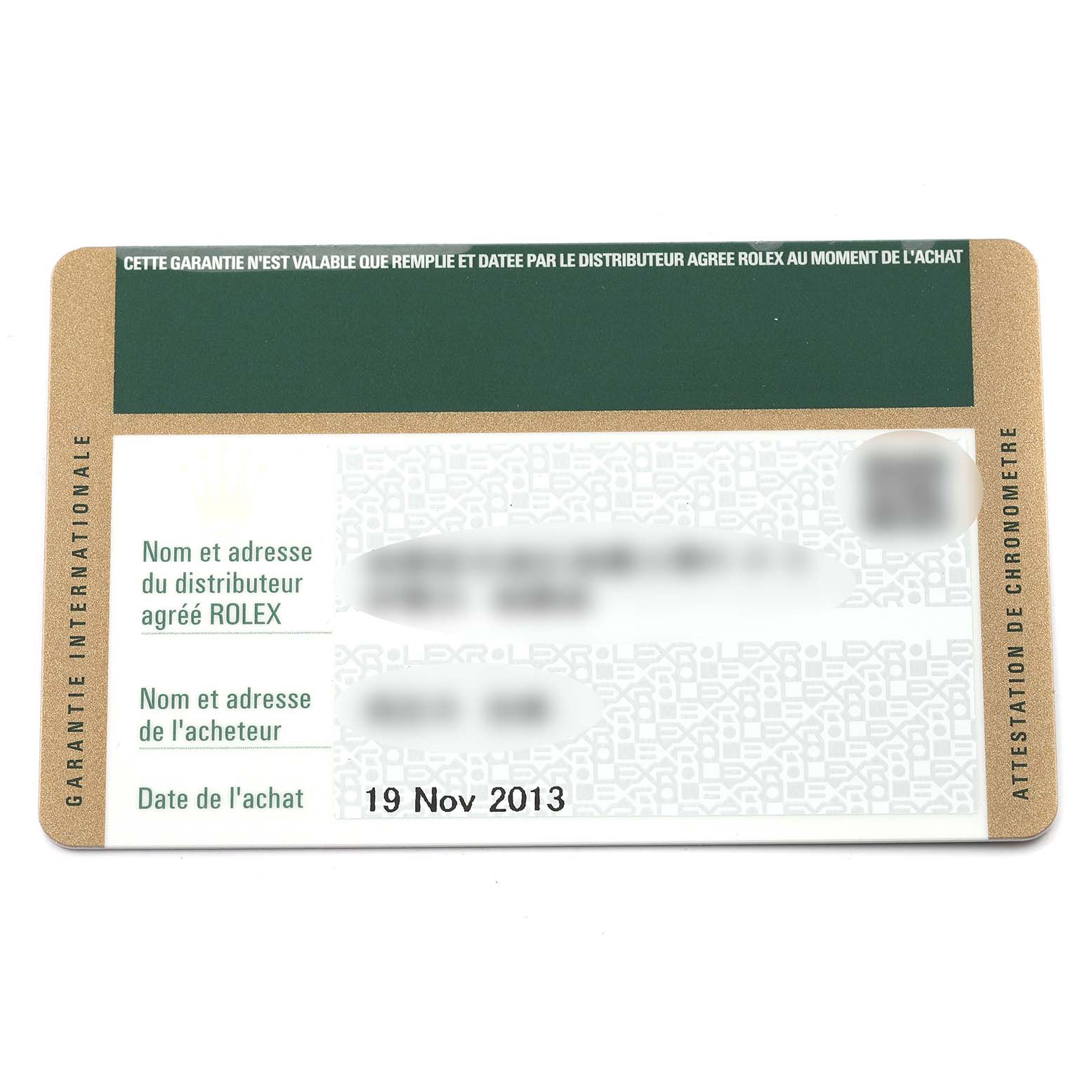 The image shows the warranty card for a Rolex Datejust 116233 Men's Steel and Gold (two tone) Beige Dial 116233 Men's Steel and Gold (two tone) Beige Dial watch, detailing purchase date, distributor, and buyer information.