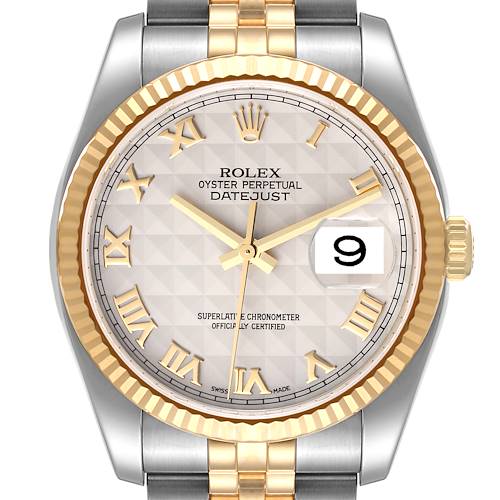 Photo of Rolex Datejust Steel Yellow Gold Pyramid Roman Dial Mens Watch 116233 Box Card