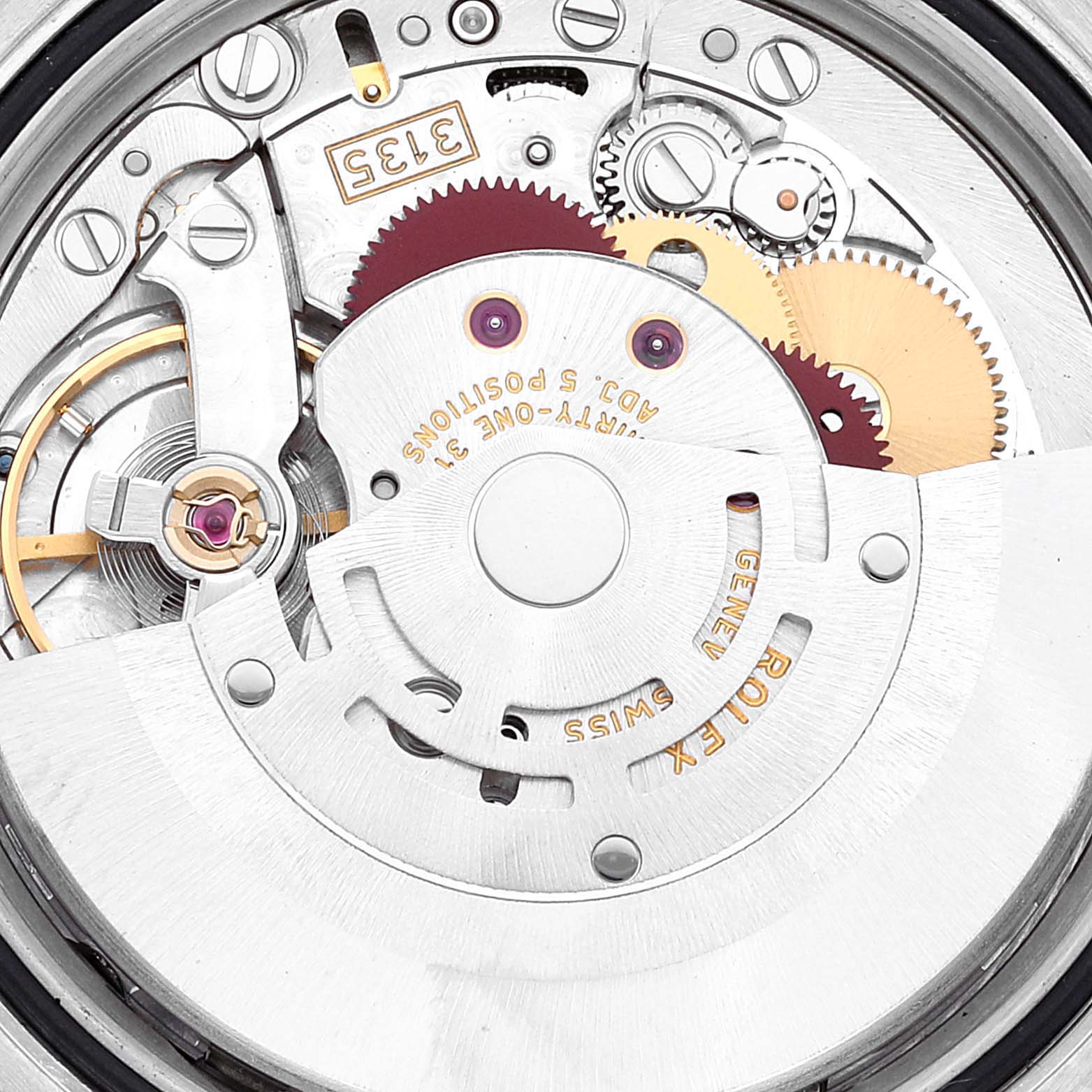 The image shows the internal mechanism of a Rolex Datejust 116233 Men's Steel and Gold (two tone) Beige Dial 116233 Men's Steel and Gold (two tone) Beige Dial watch, focusing on its intricate gears and components.