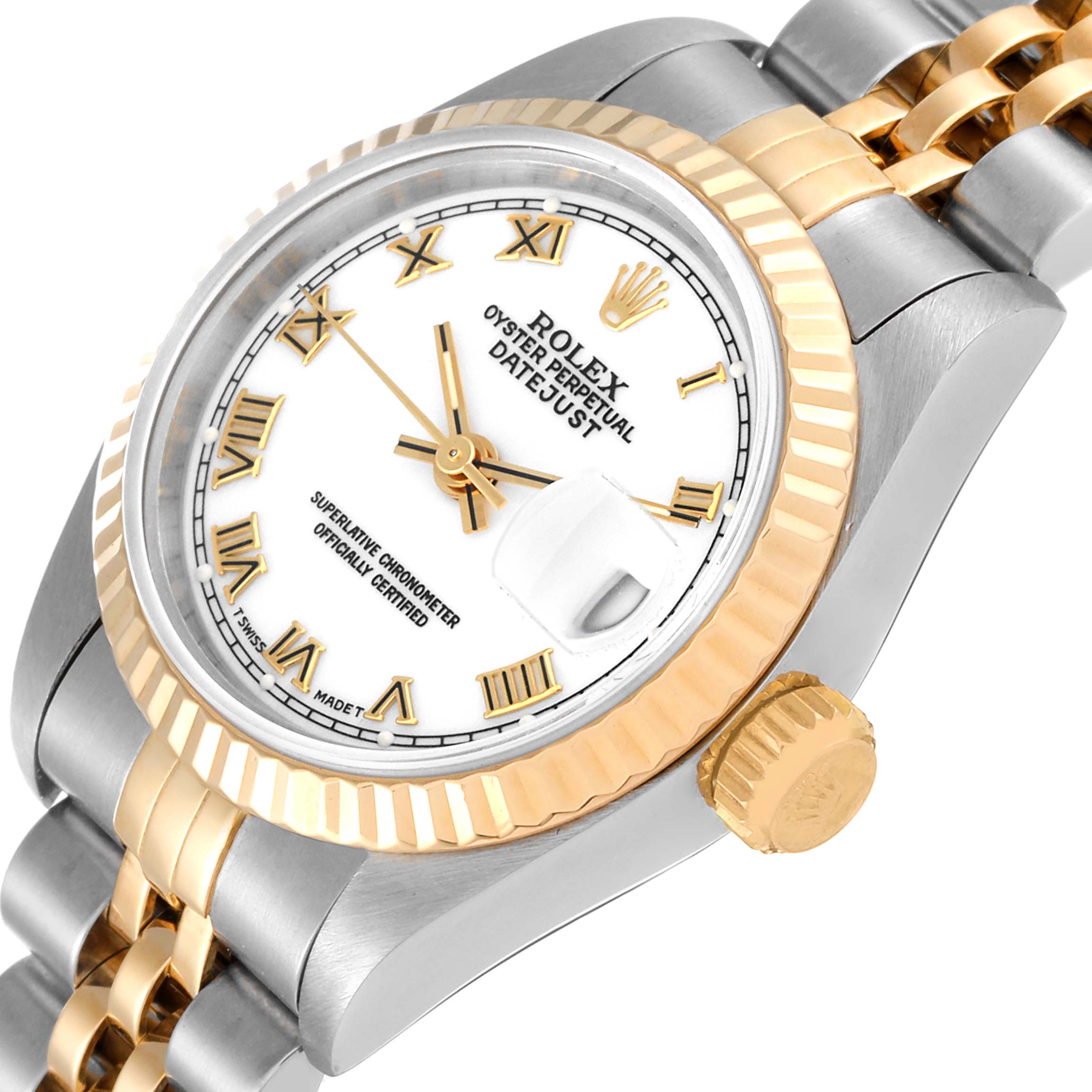 The Rolex Datejust 69173 Women's Steel and Gold (two tone) White Dial 69173 Women's Steel and Gold (two tone) White Dial watch is shown at an angle, highlighting the bezel, crown, dial, and part of the bracelet.
