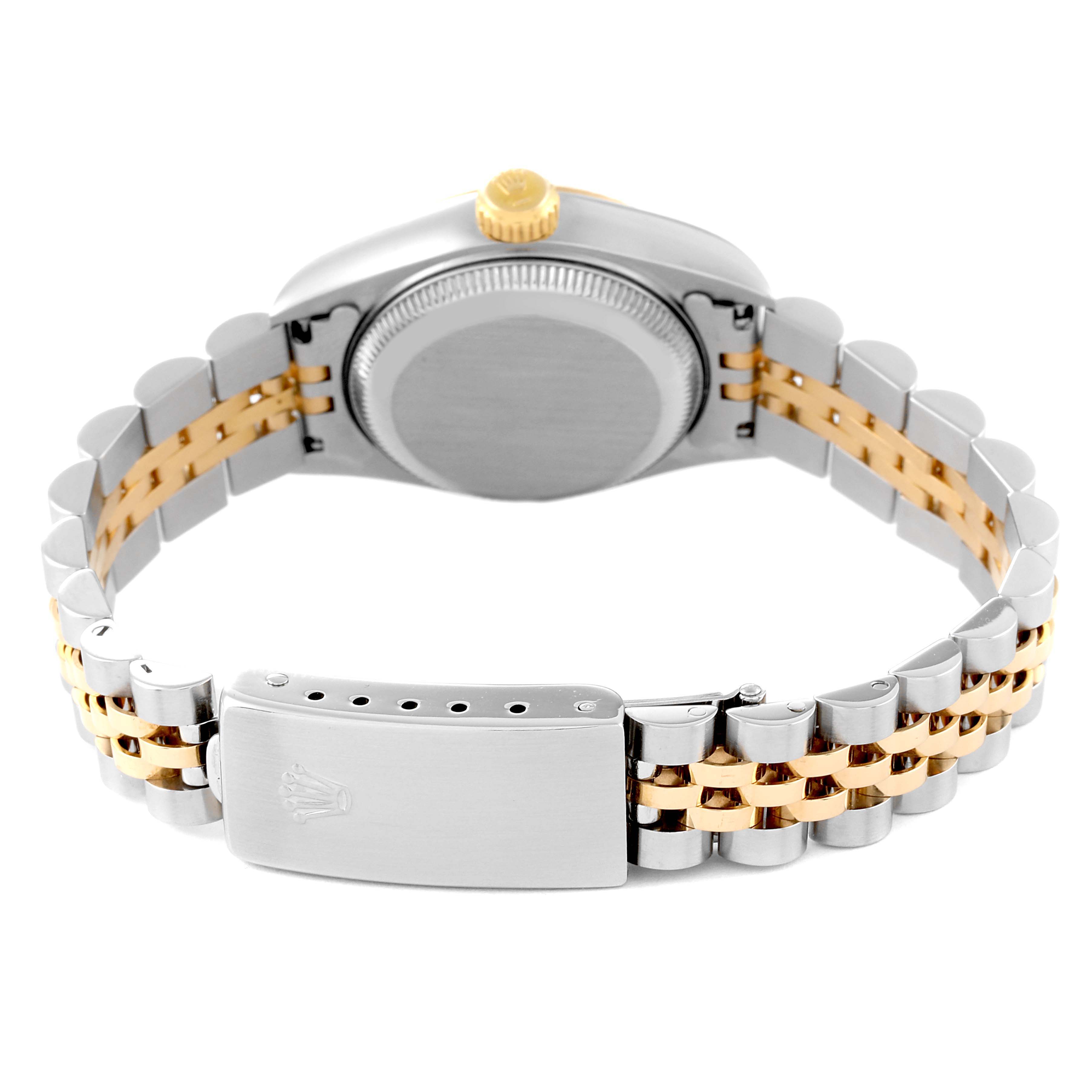 The image shows the back of a Rolex Datejust 69173 Women's Steel and Gold (two tone) White Dial 69173 Women's Steel and Gold (two tone) White Dial watch, including the case back and the clasp of the metal bracelet.