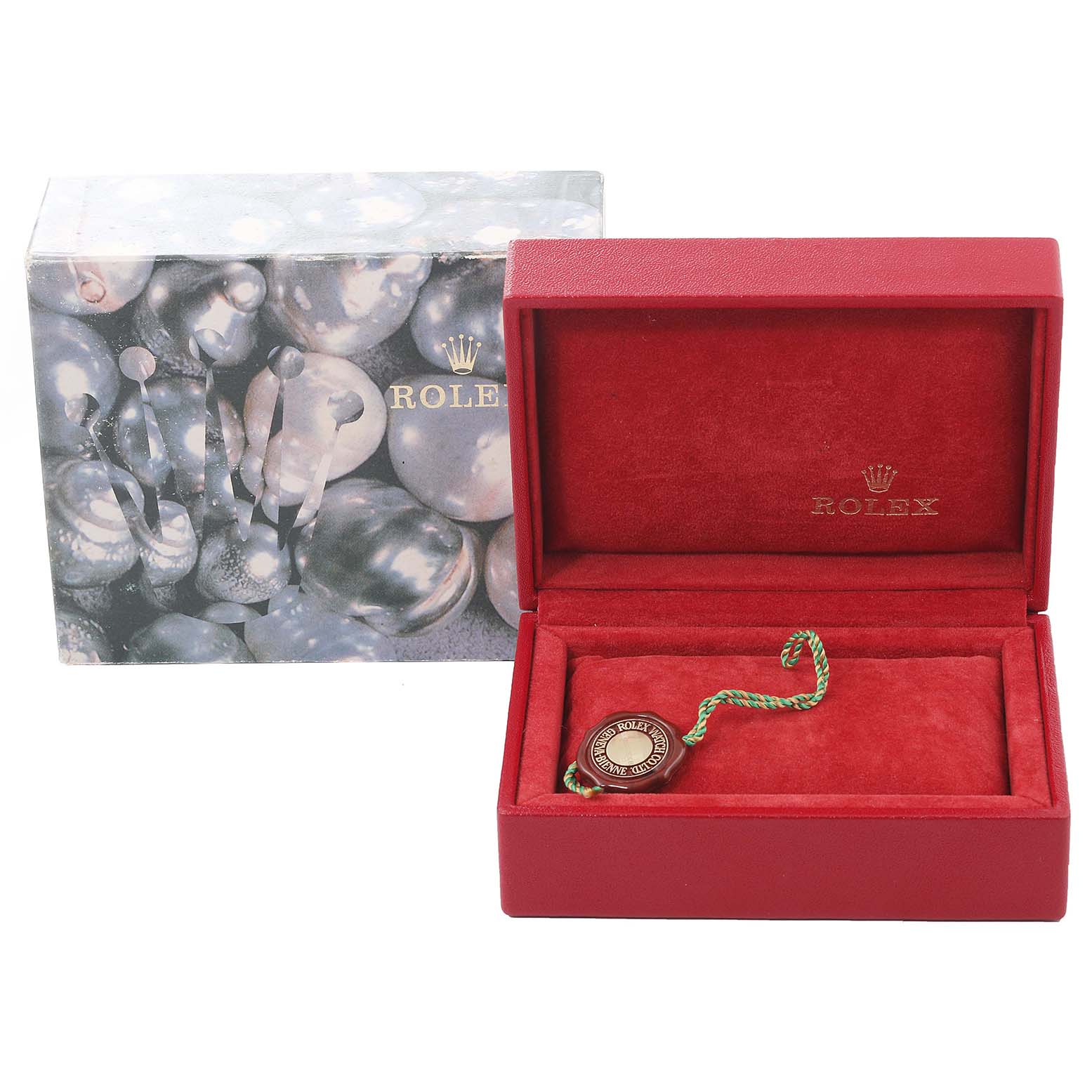 The image shows a Rolex Datejust 69173 Women's Steel and Gold (two tone) White Dial 69173 Women's Steel and Gold (two tone) White Dial watch box with a red interior, a tag, and an outer sleeve decorated with a bubble design.