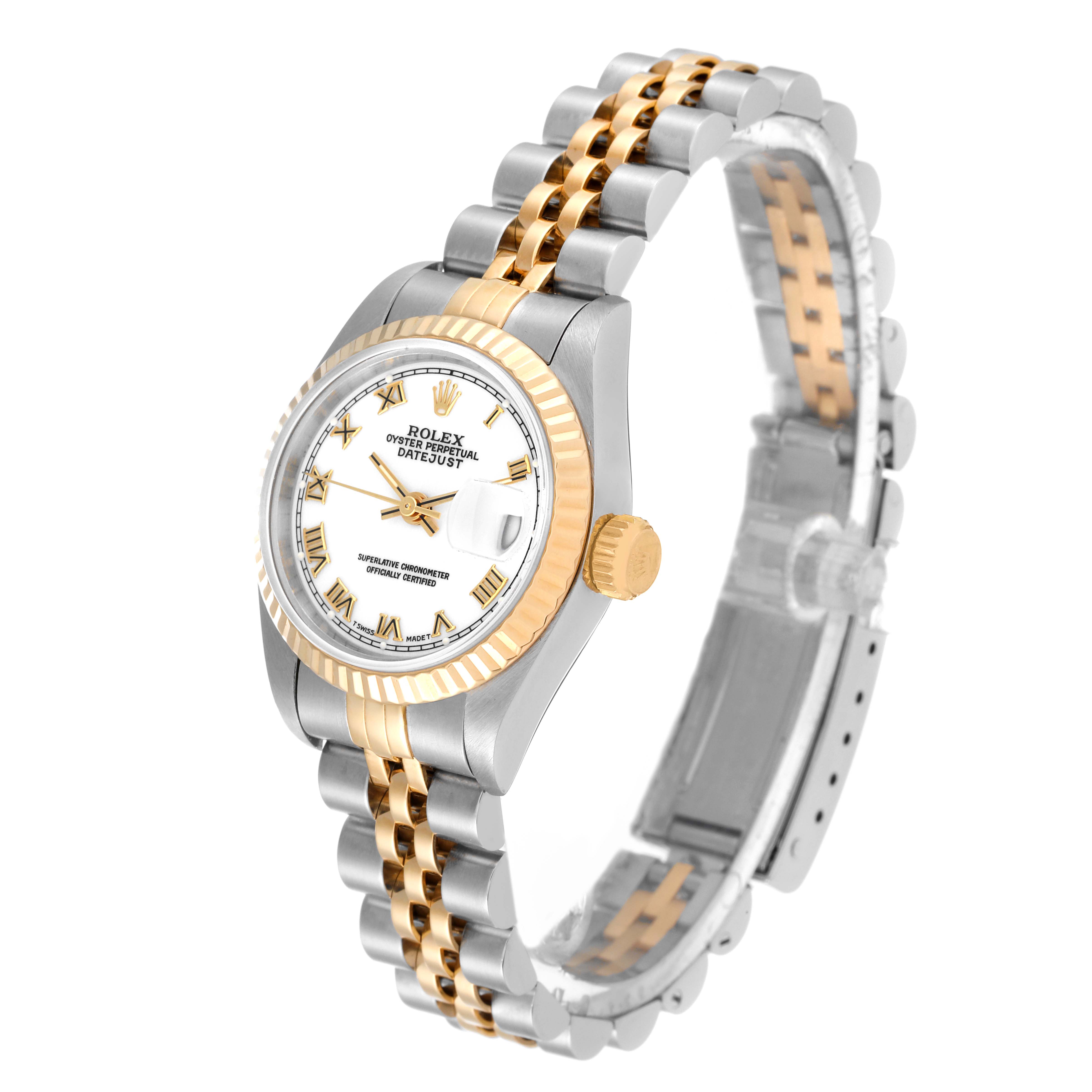 The Rolex Datejust 69173 Women's Steel and Gold (two tone) White Dial 69173 Women's Steel and Gold (two tone) White Dial watch is shown at a slight left angle, displaying the face, crown, and two-tone bracelet.