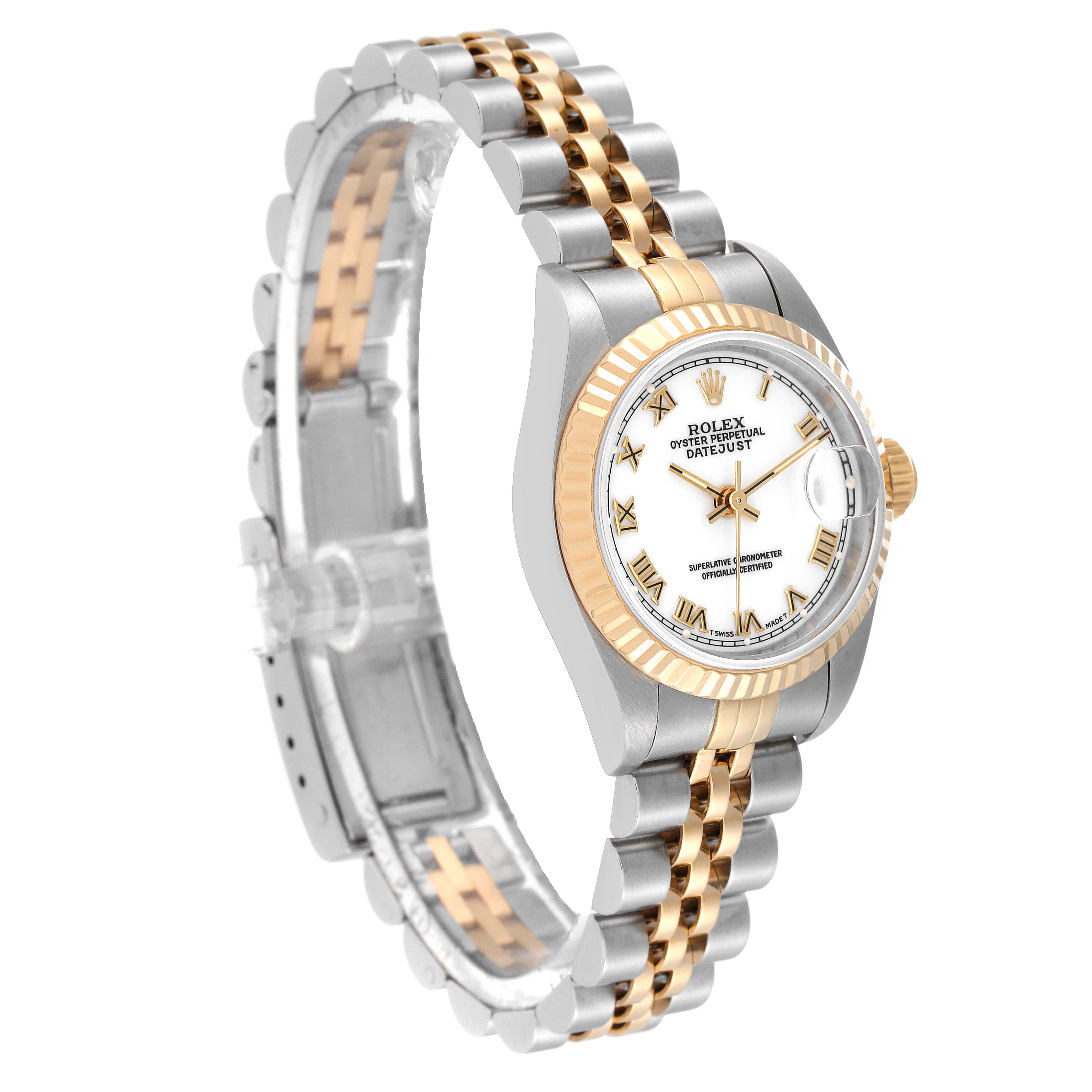 The image shows a Rolex Datejust 69173 Women's Steel and Gold (two tone) White Dial 69173 Women's Steel and Gold (two tone) White Dial watch at a slight side angle, highlighting its two-tone bracelet and fluted bezel.