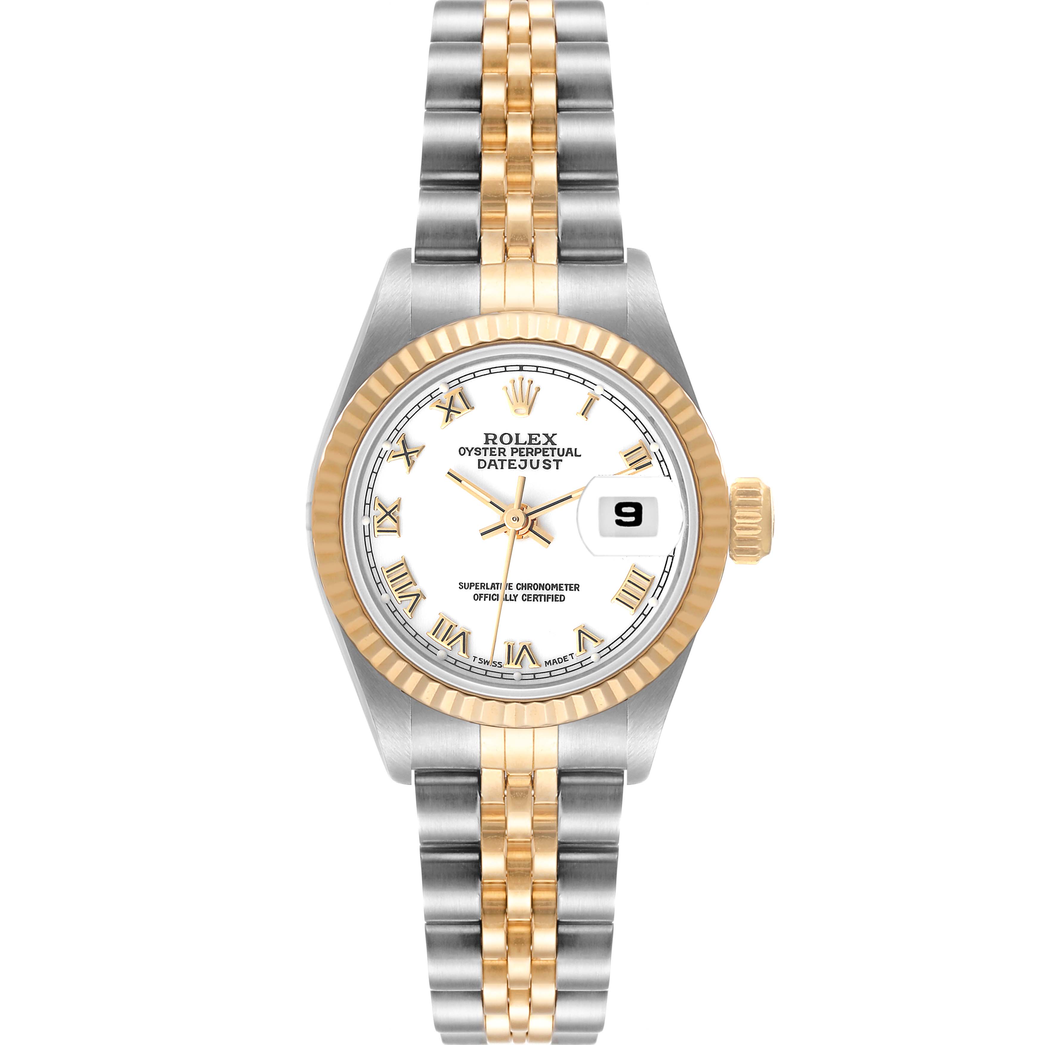 The Rolex Datejust 69173 Women's Steel and Gold (two tone) White Dial 69173 Women's Steel and Gold (two tone) White Dial watch is shown from a front view, displaying its dial, bezel, and two-tone bracelet.