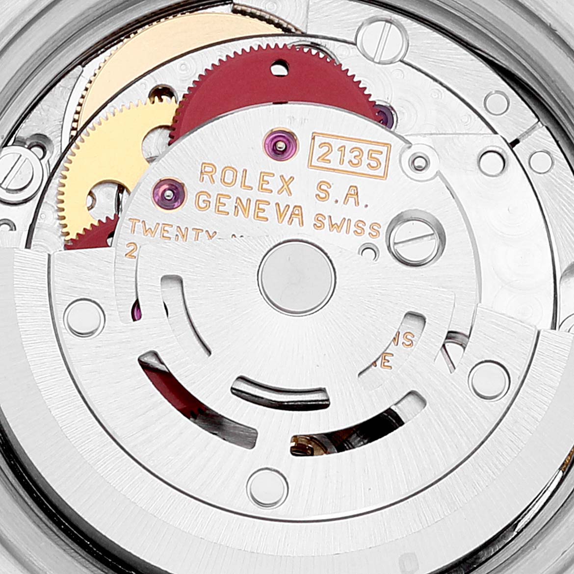 This image shows the movement mechanism of the Rolex Datejust 69173 Women's Steel and Gold (two tone) White Dial 69173 Women's Steel and Gold (two tone) White Dial watch, highlighting its intricate gears and components.