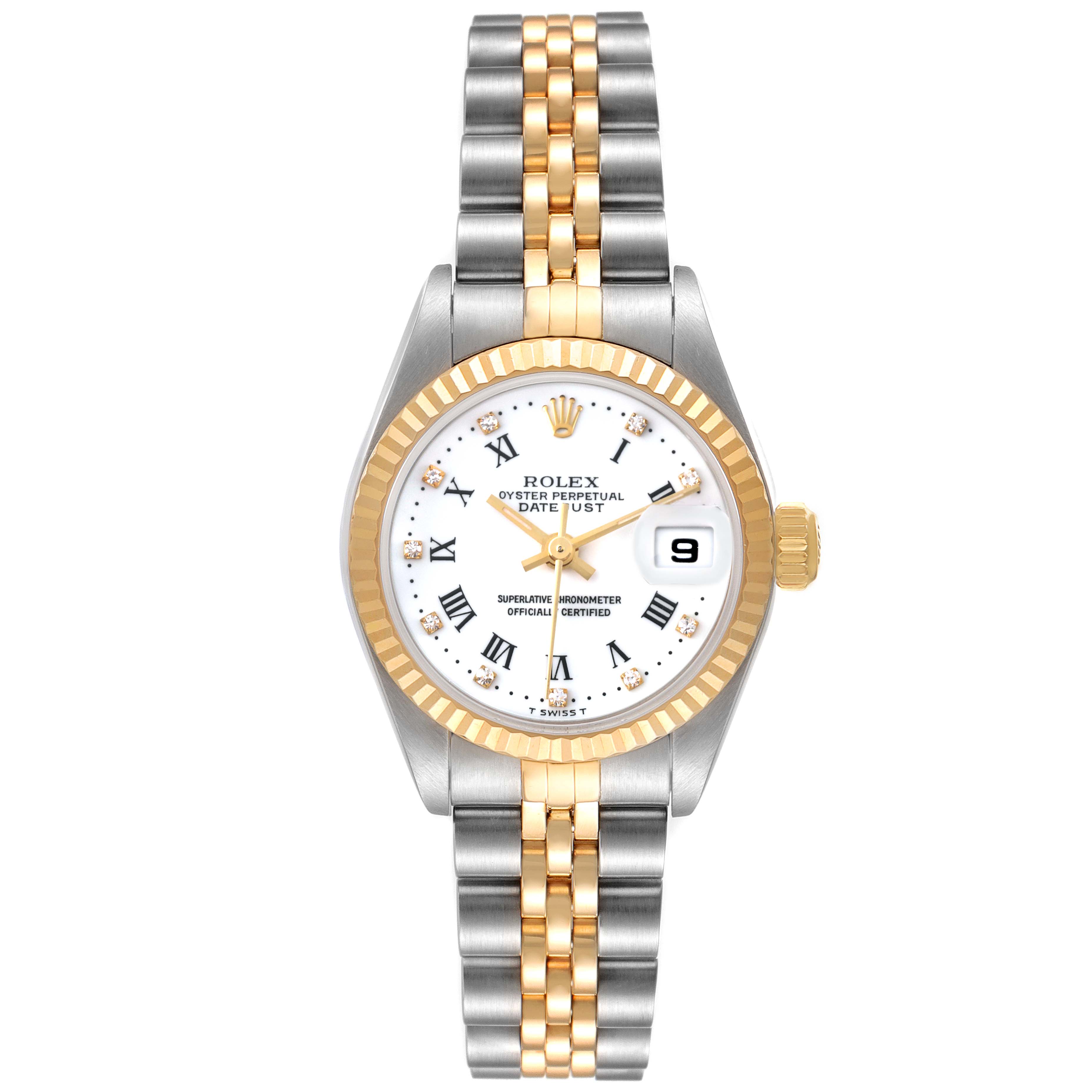 The Rolex Datejust 79173 Women's Steel and Gold (two tone) White Dial 79173 Women's Steel and Gold (two tone) White Dial watch is shown from a front angle, highlighting its face, bezel, crown, and two-tone bracelet.