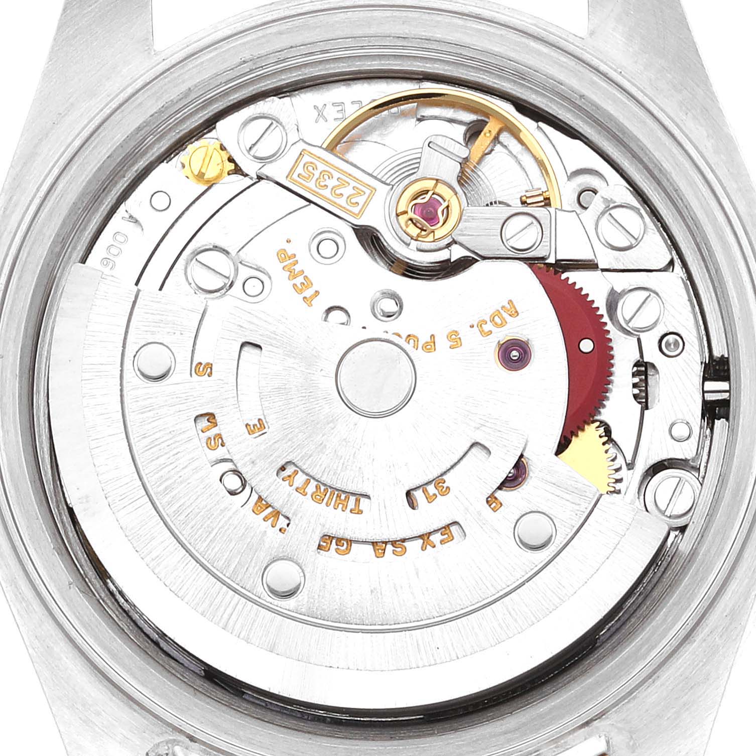This image shows the internal mechanism and movement parts of a Rolex Datejust 79173 Women's Steel and Gold (two tone) White Dial 79173 Women's Steel and Gold (two tone) White Dial watch from the back side.