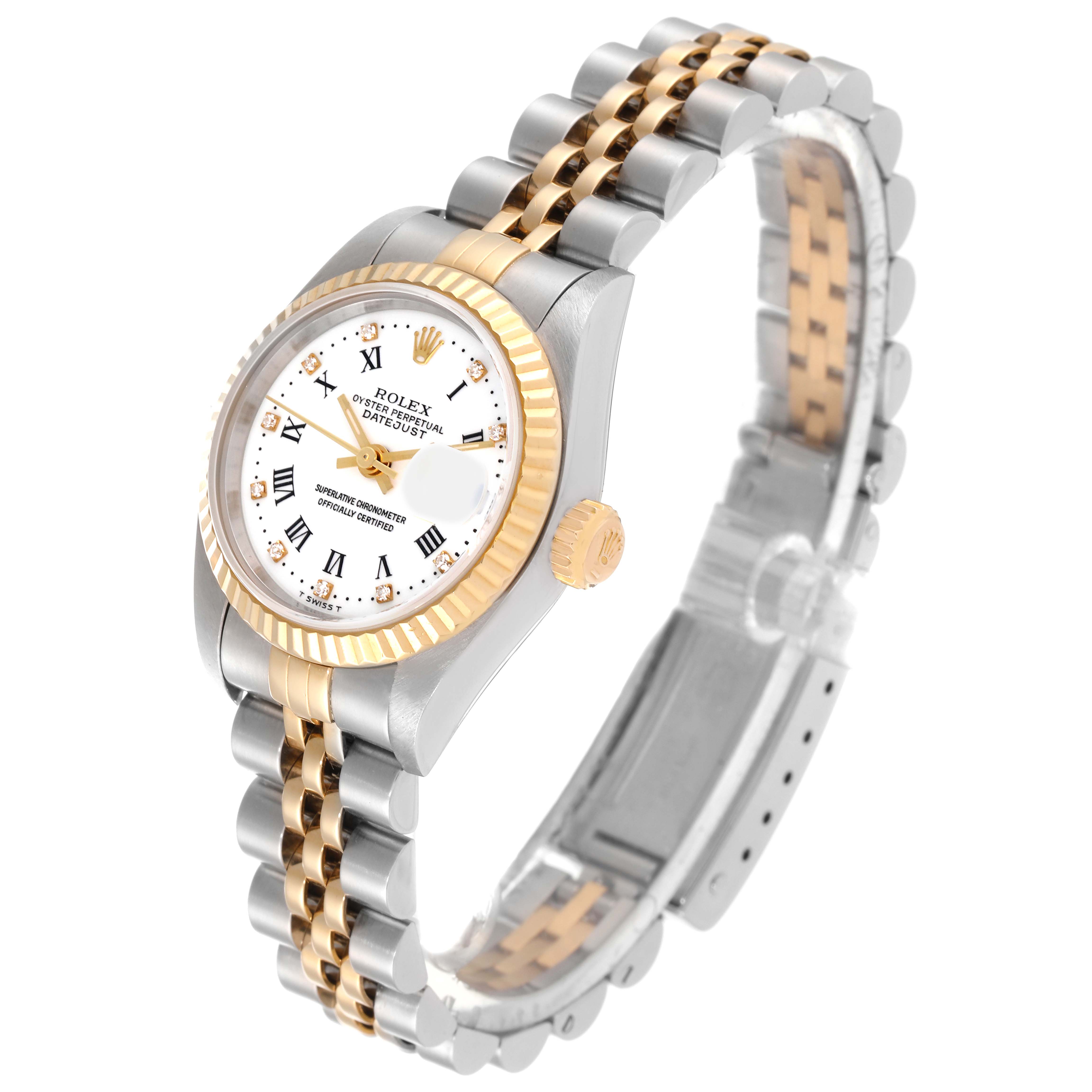 This image shows a Rolex Datejust 79173 Women's Steel and Gold (two tone) White Dial 79173 Women's Steel and Gold (two tone) White Dial wristwatch at an angle, displaying its face, crown, and two-tone metal bracelet.