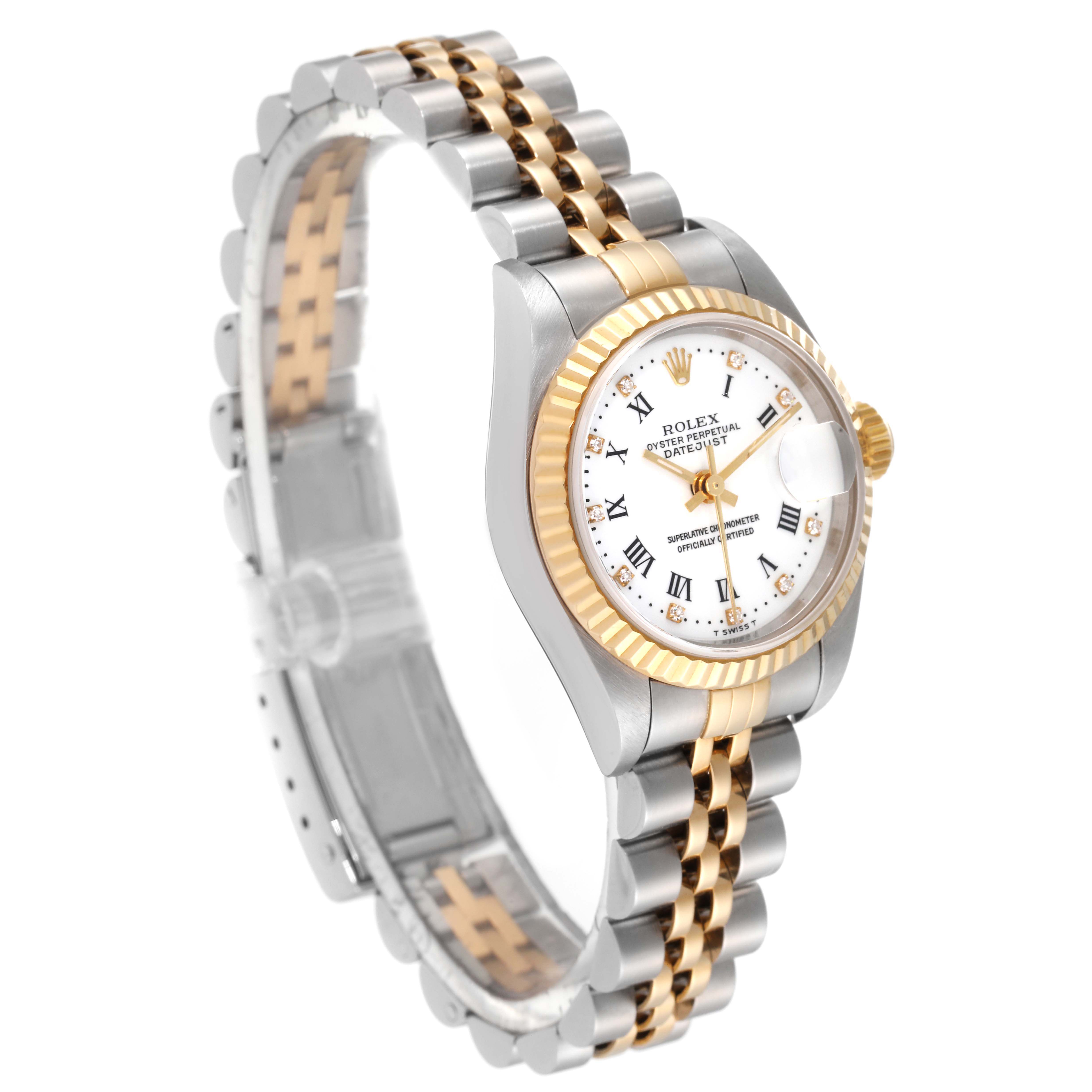 The Rolex Datejust 79173 Women's Steel and Gold (two tone) White Dial 79173 Women's Steel and Gold (two tone) White Dial watch is shown at a three-quarter angle, displaying the face, bezel, and bracelet.