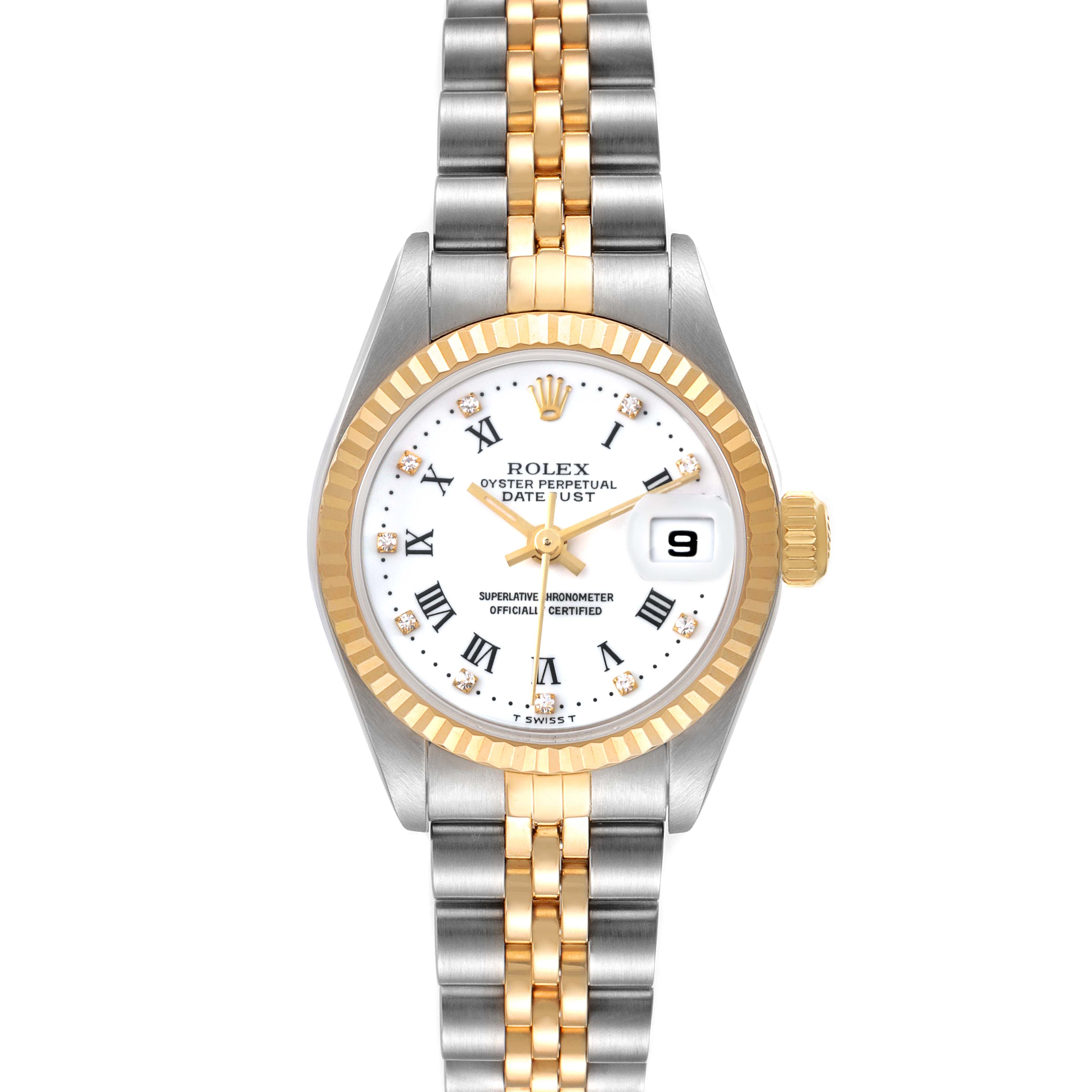 The image shows a front view of a Rolex Datejust 79173 Women's Steel and Gold (two tone) White Dial 79173 Women's Steel and Gold (two tone) White Dial watch, highlighting its dial, bezel, and jubilee bracelet.