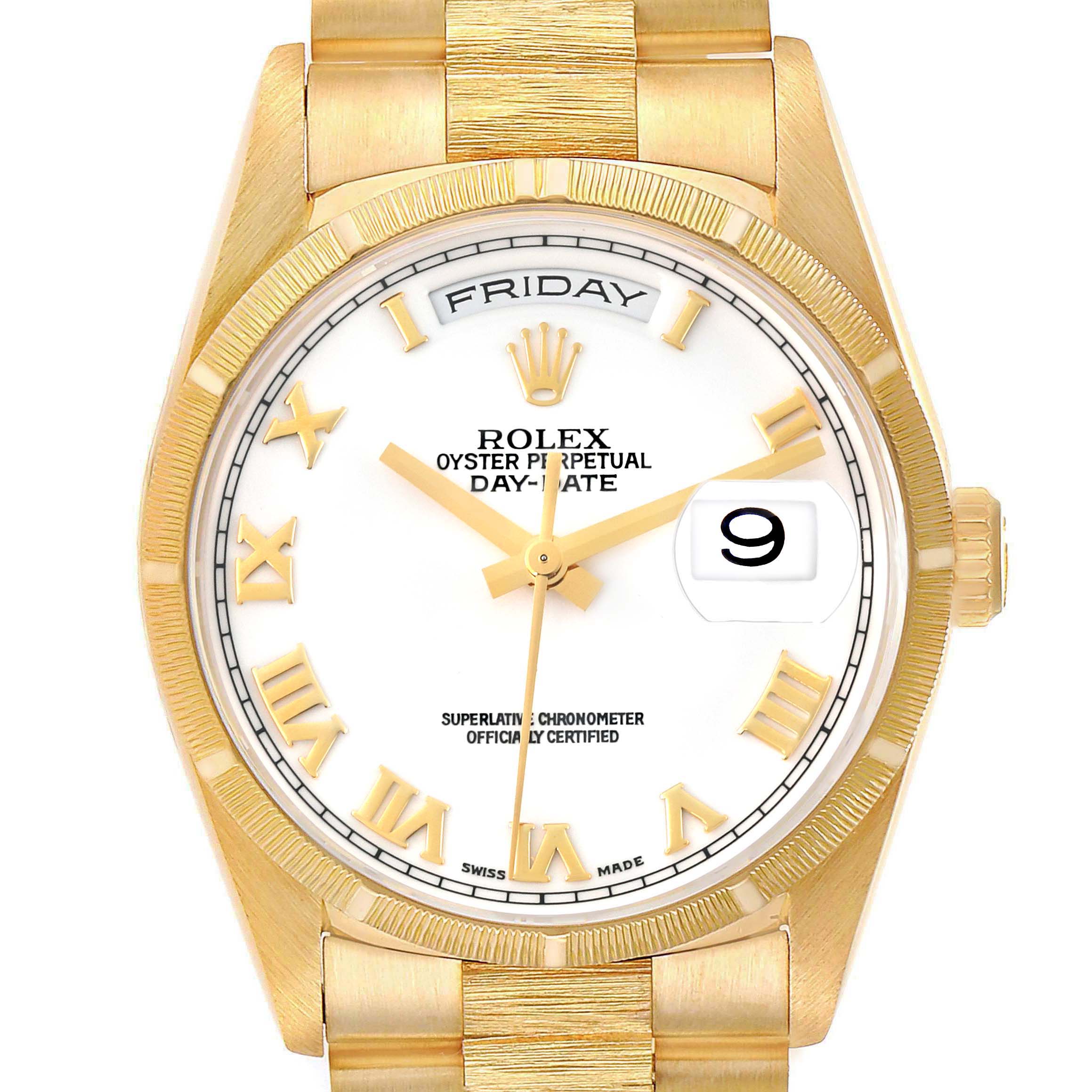 The Rolex President 18248 Men's Yellow Gold White Dial 18248 Men's Yellow Gold White Dial watch is shown from the front, displaying the face, bezel, day, and date features.