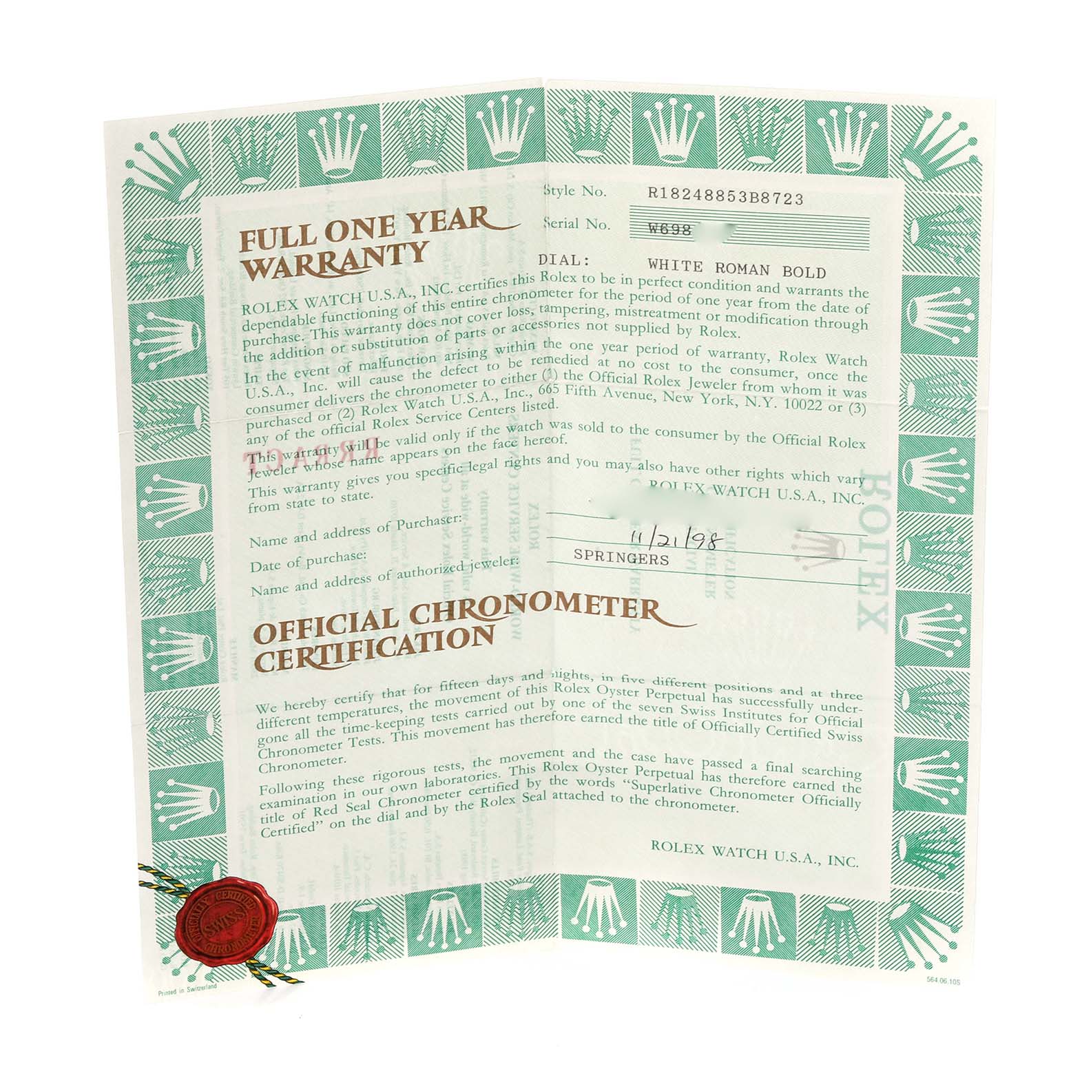 The image shows a warranty and certification paper for the Rolex President 18248 Men's Yellow Gold White Dial 18248 Men's Yellow Gold White Dial model.