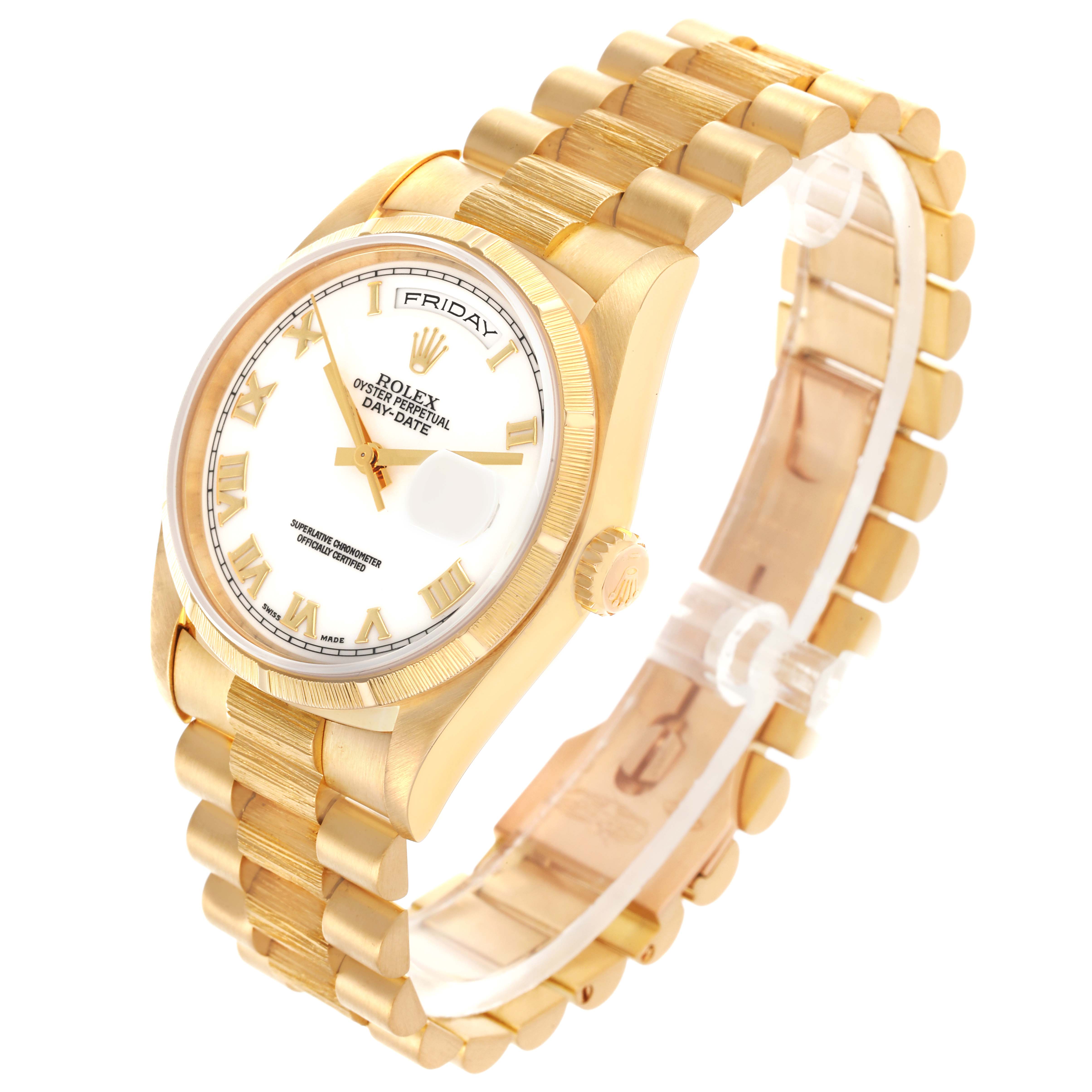 The Rolex President 18248 Men's Yellow Gold White Dial 18248 Men's Yellow Gold White Dial model is shown at an angled view, displaying the face, bezel, and part of the bracelet.