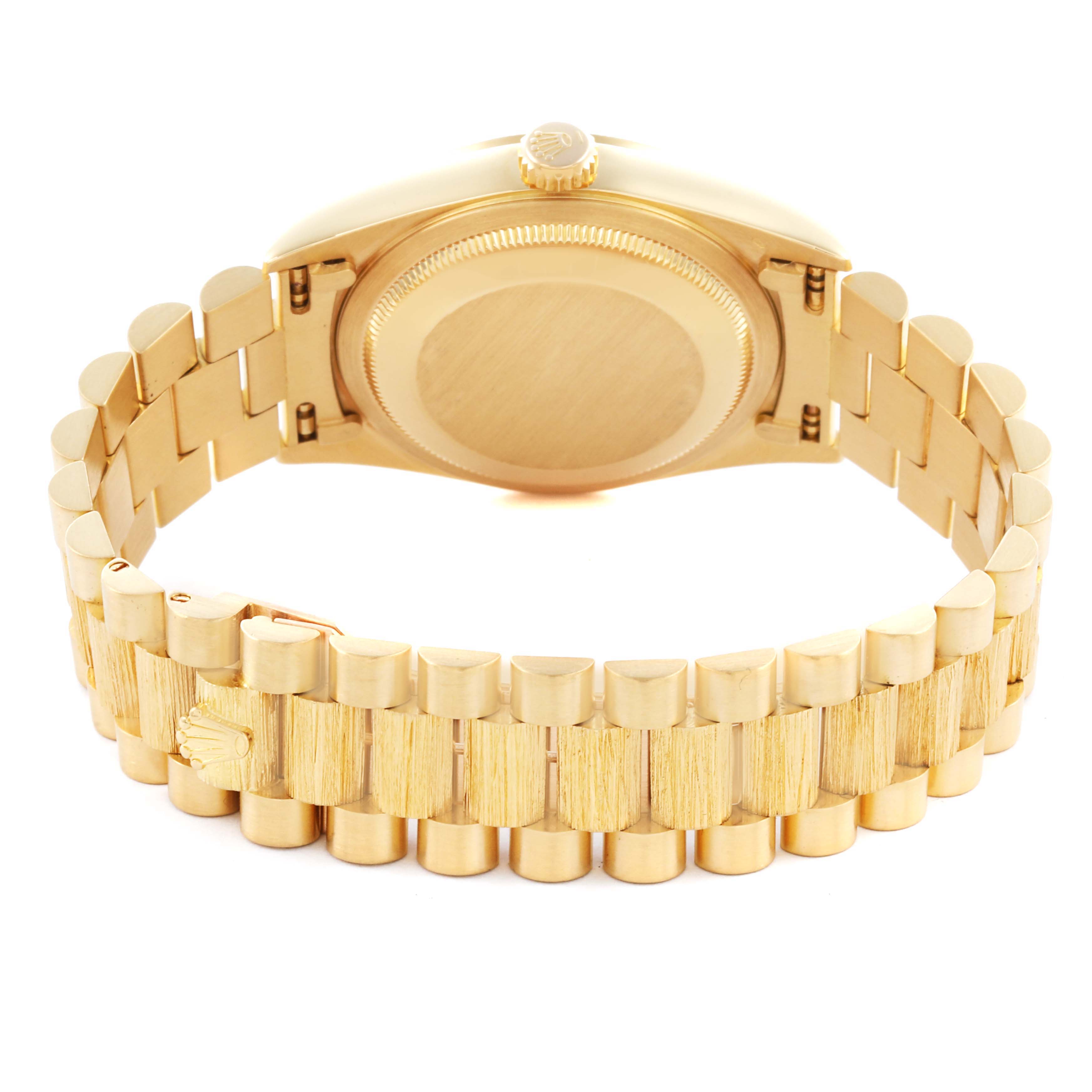 The image shows the back view of a Rolex President 18248 Men's Yellow Gold White Dial 18248 Men's Yellow Gold White Dial model, highlighting the bracelet and case back.