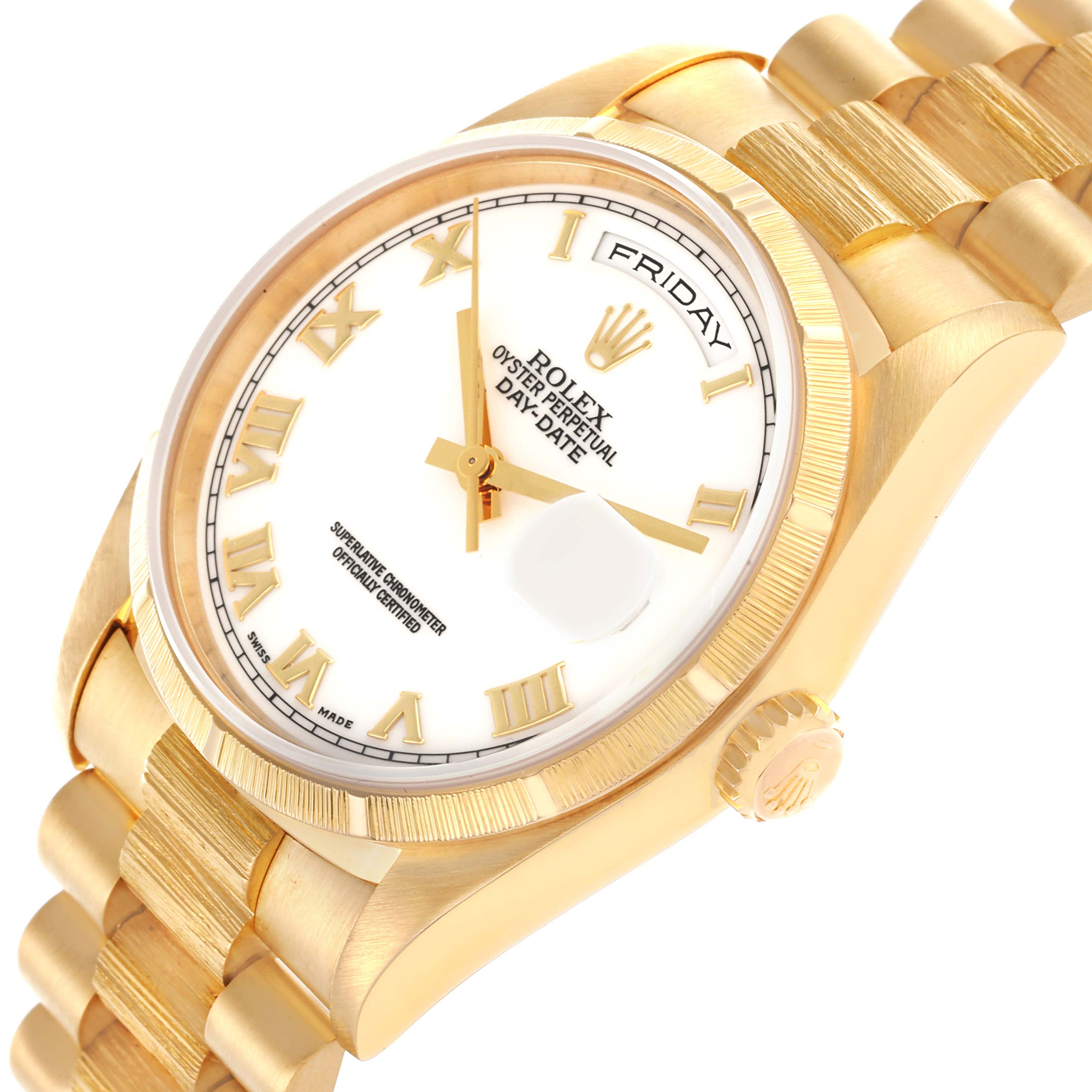 The Rolex President 18248 Men's Yellow Gold White Dial 18248 Men's Yellow Gold White Dial watch is shown at an angled view, highlighting the face, bracelet, and crown.