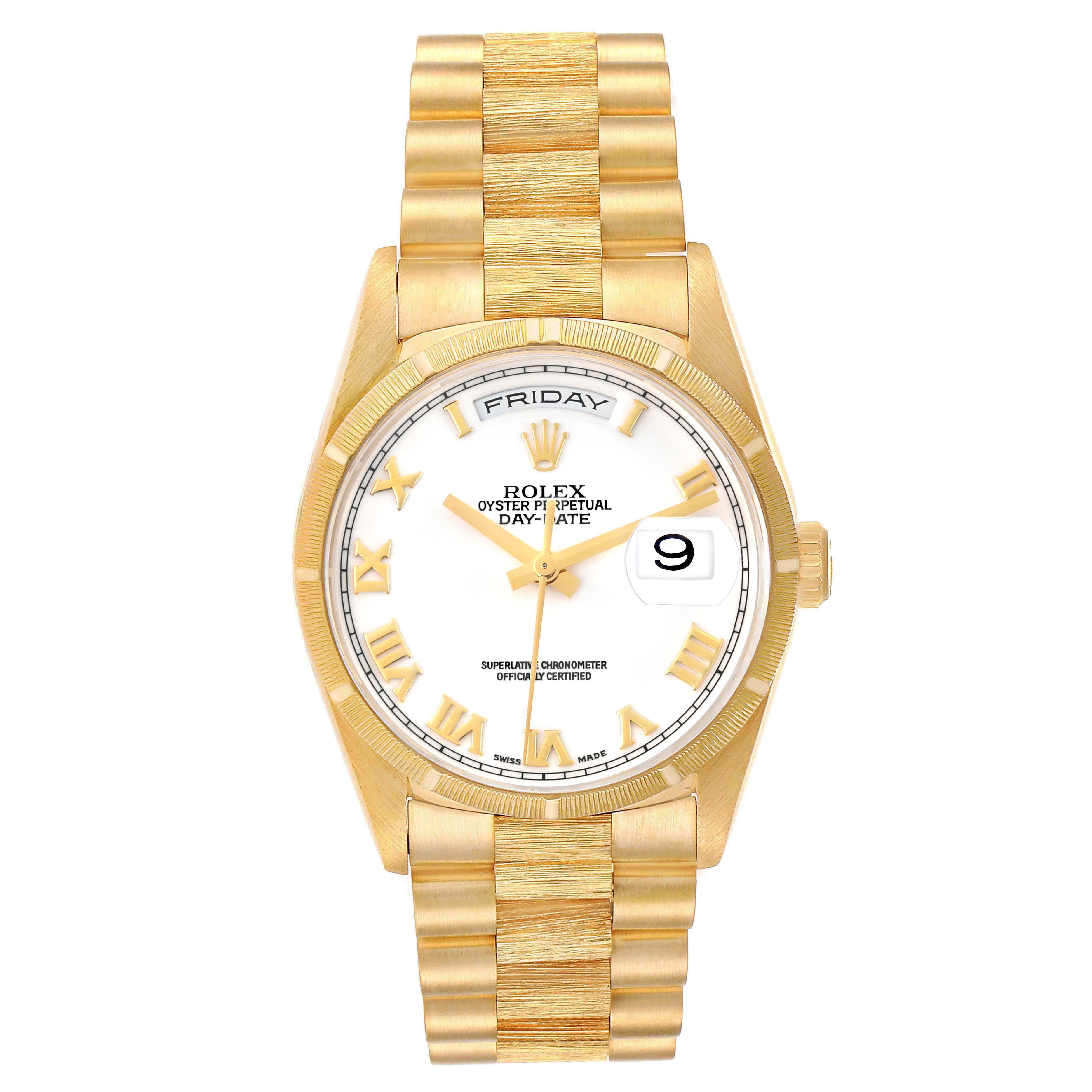The Rolex President 18248 Men's Yellow Gold White Dial 18248 Men's Yellow Gold White Dial model is shown from the front, displaying its dial, bezel, bracelet, and crown.