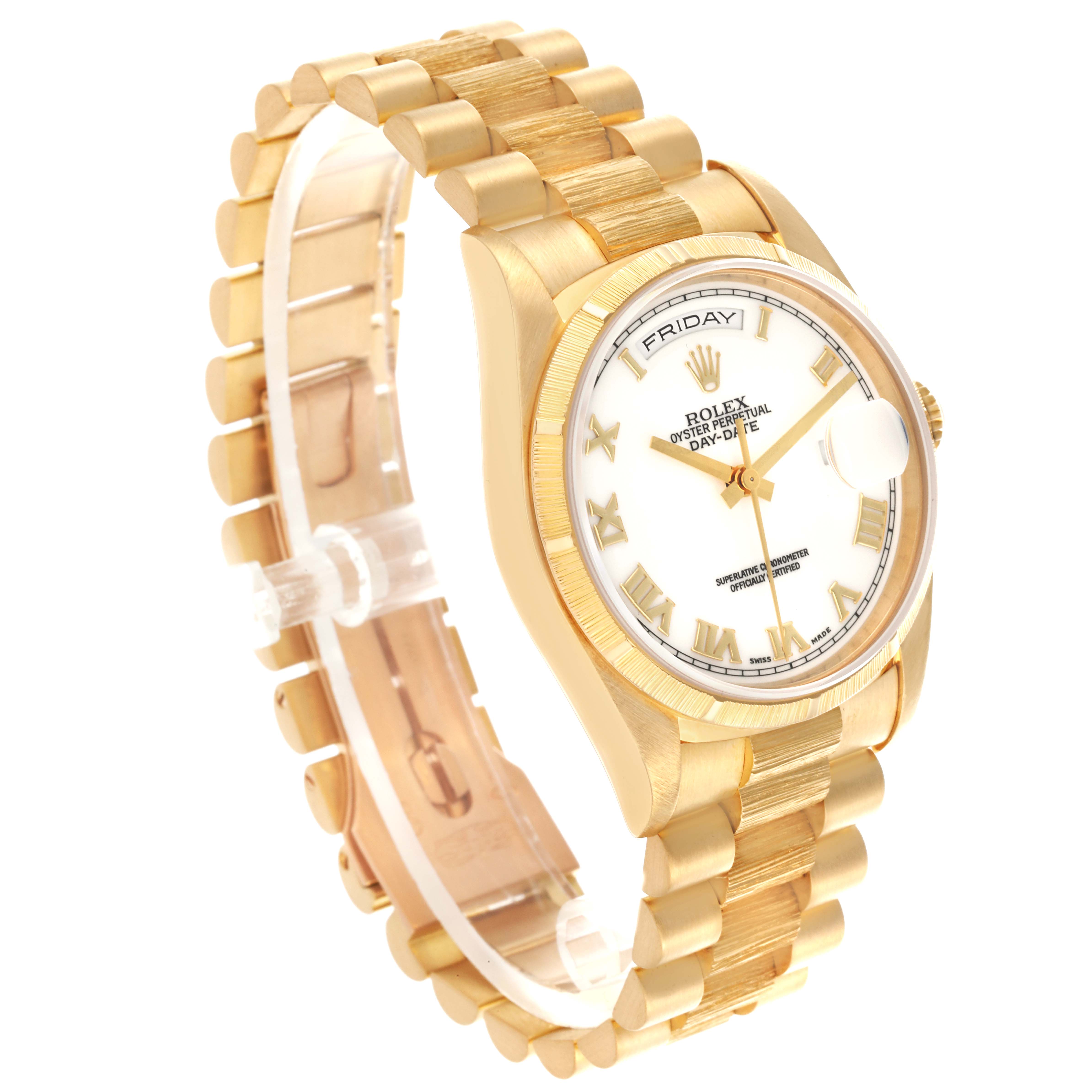 The Rolex President 18248 Men's Yellow Gold White Dial 18248 Men's Yellow Gold White Dial model is shown at a slight angle, highlighting the bracelet, bezel, and dial with Roman numerals.