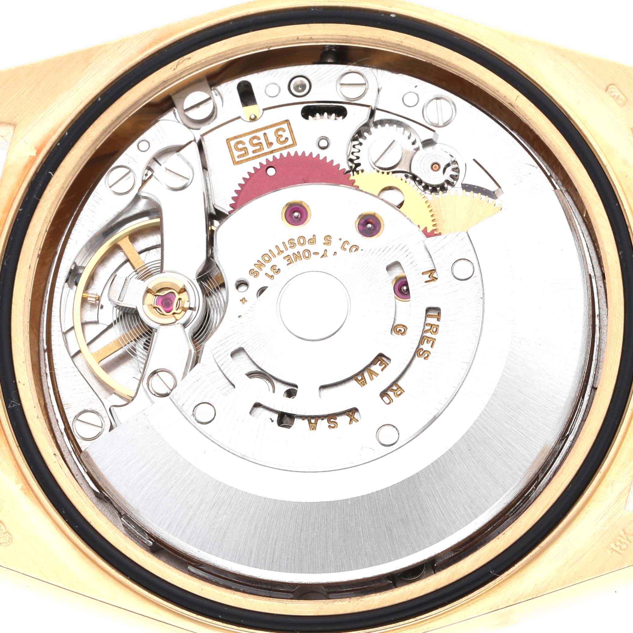 The image shows the internal movement mechanism of a Rolex President 18248 Men's Yellow Gold White Dial 18248 Men's Yellow Gold White Dial model watch, viewed from the back.