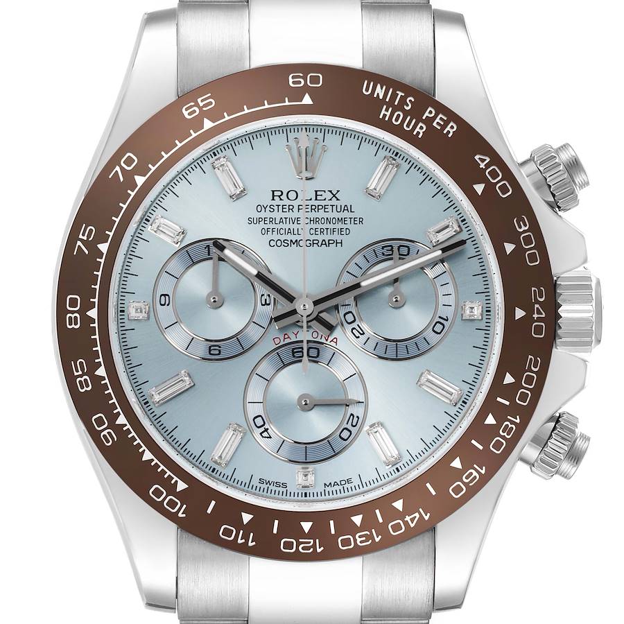 The Rolex Daytona watch is shown from a direct front angle, highlighting the dial, bezel, and crown.