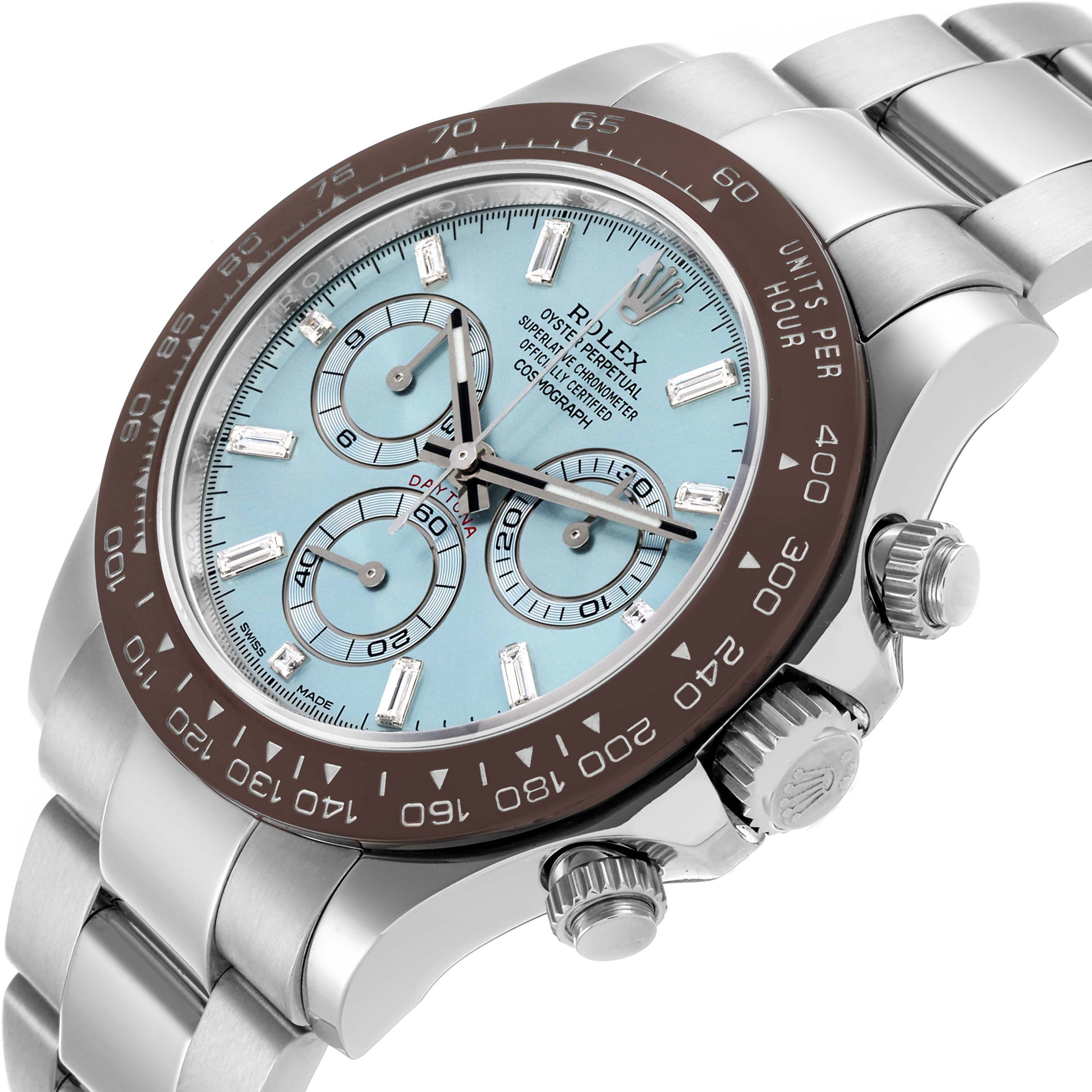 The Rolex Daytona 116506 Men's Platinum Blue Dial 116506 Men's Platinum Blue Dial watch is shown from an angled view, highlighting the face, bezel, crown, and part of the bracelet.