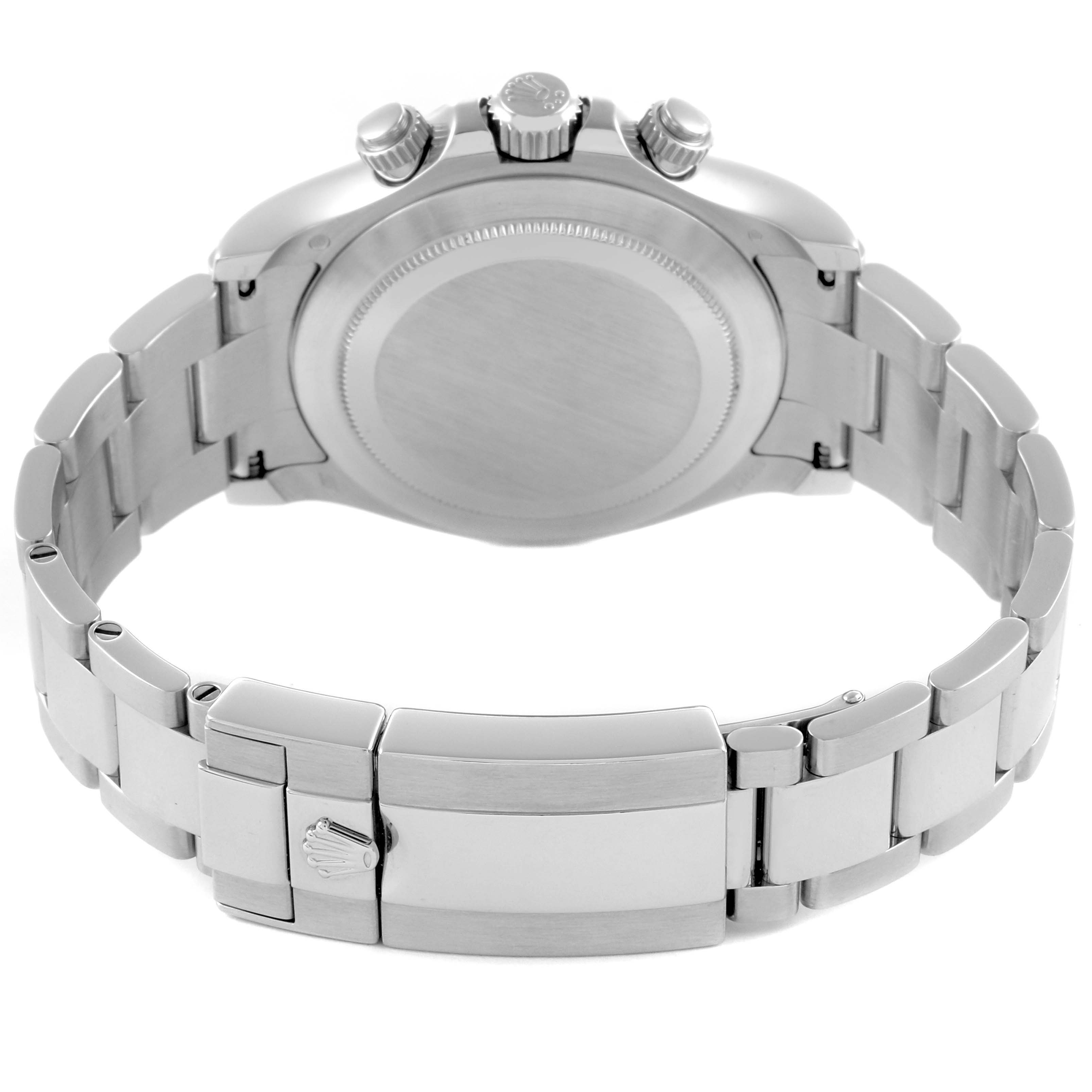 The image shows the back and clasp of a Rolex Daytona 116506 Men's Platinum Blue Dial 116506 Men's Platinum Blue Dial, highlighting the bracelet and case back at a rear angle.