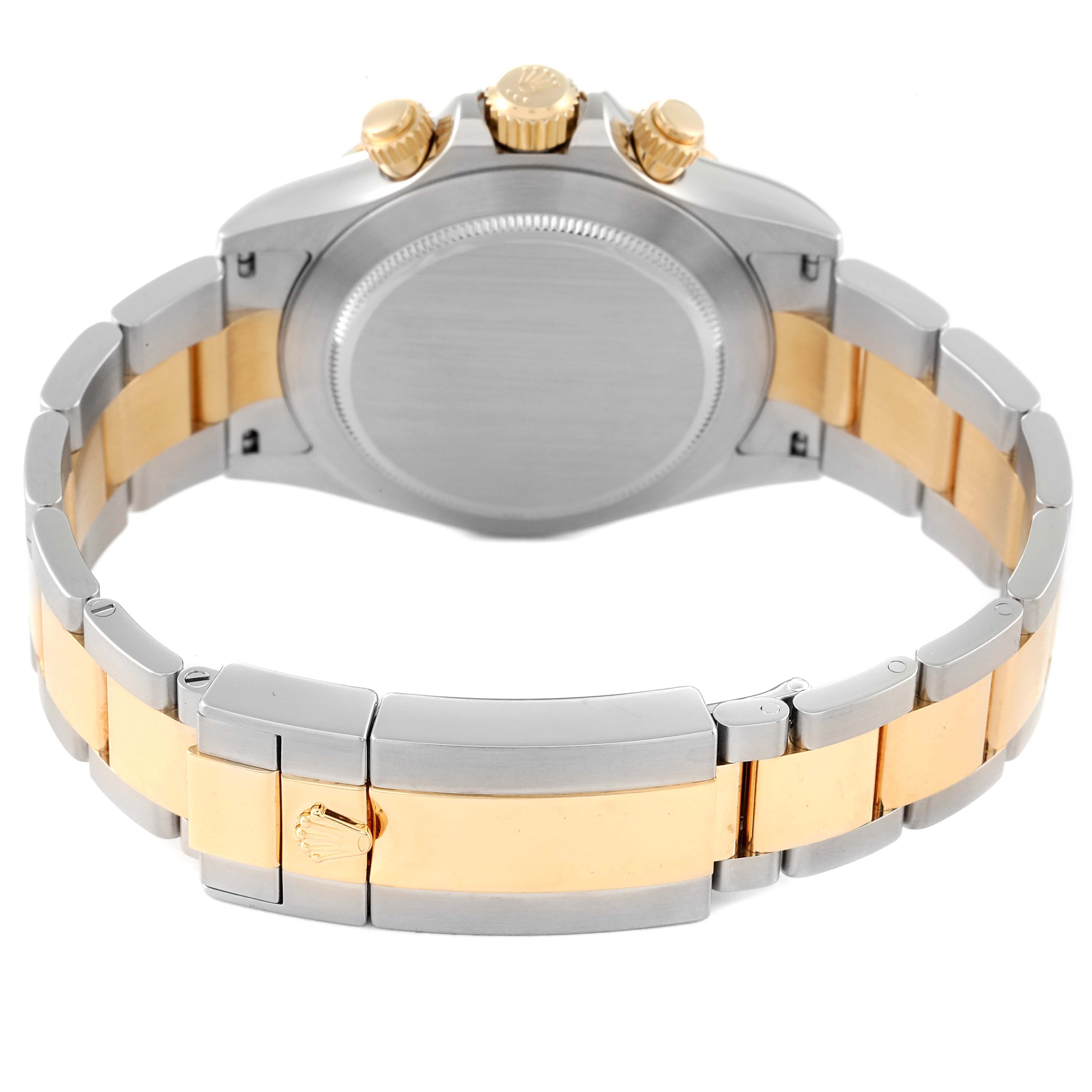The image shows the back of a Rolex Daytona 116523 Men's Steel and Gold (two tone) Silver Dial 116523 Men's Steel and Gold (two tone) Silver Dial watch, highlighting the clasp, bracelet, and crown.