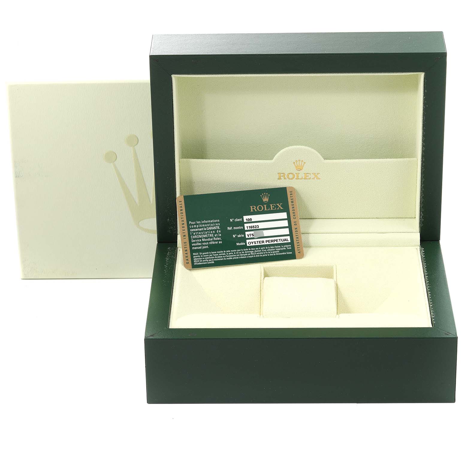 This image shows the packaging and warranty card of a Rolex Daytona 116523 Men's Steel and Gold (two tone) Silver Dial 116523 Men's Steel and Gold (two tone) Silver Dial model from a front angle.