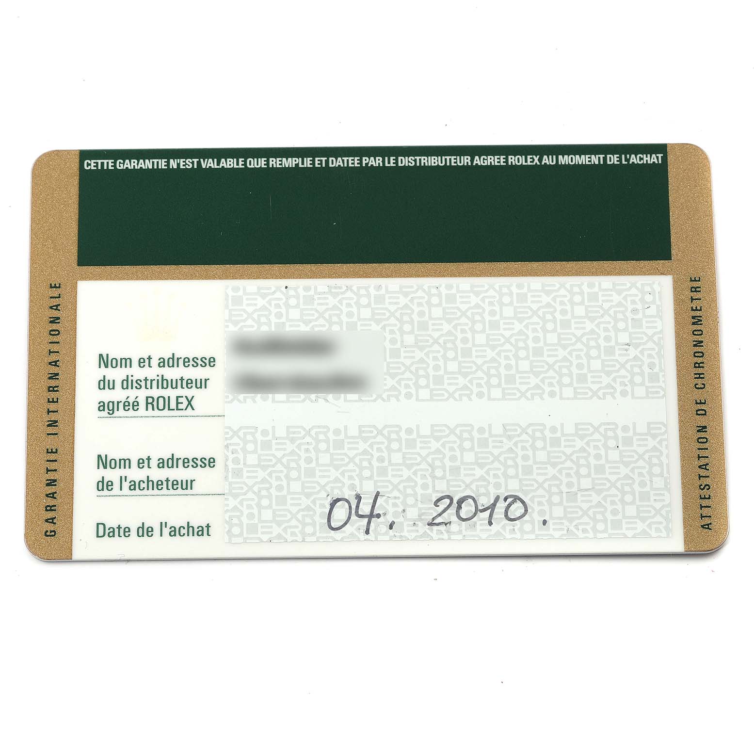 This image shows an international warranty card for a Rolex Daytona 116523 Men's Steel and Gold (two tone) Silver Dial 116523 Men's Steel and Gold (two tone) Silver Dial watch, detailing the distributor and purchaser information and the purchase date.