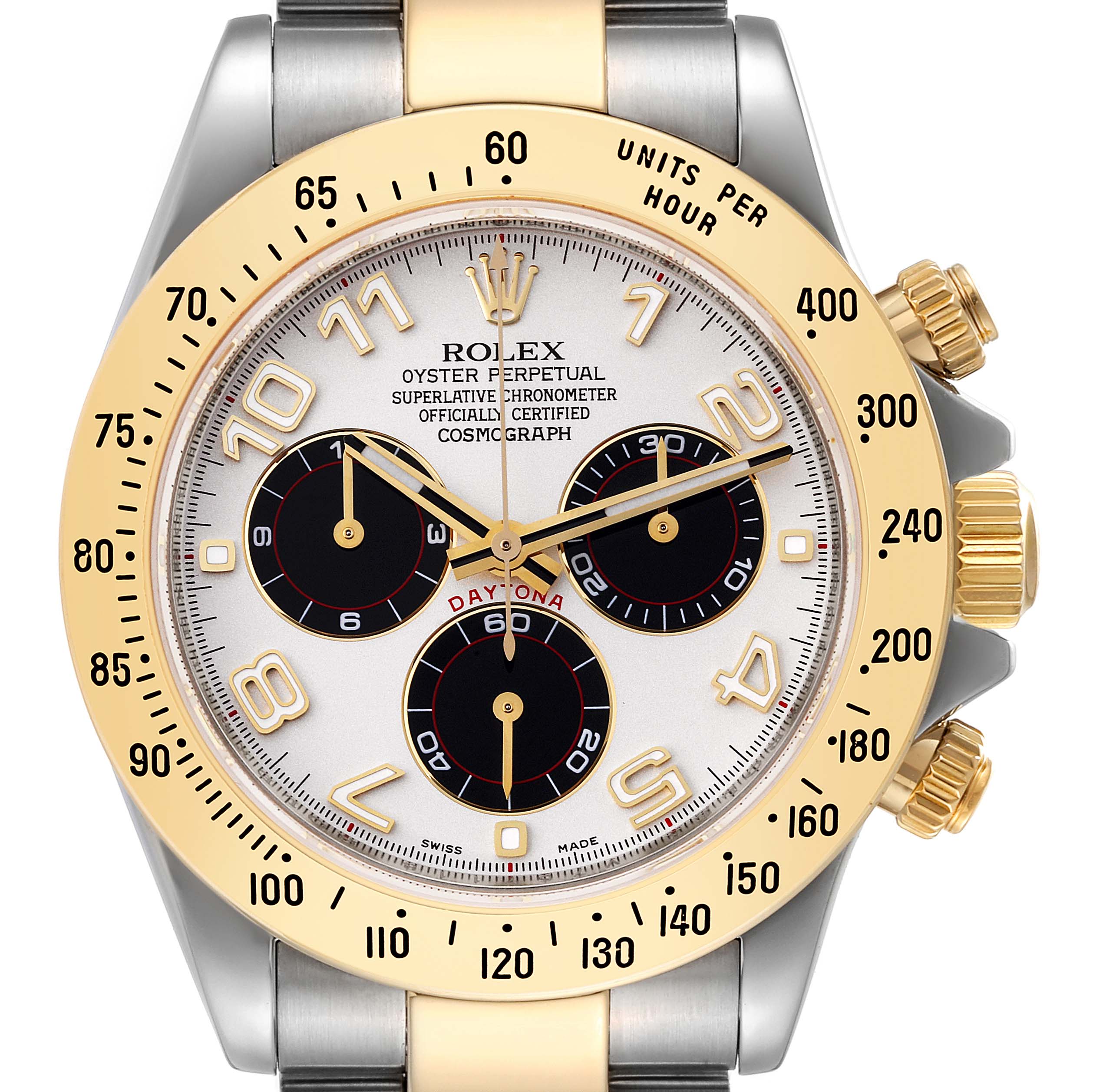 The image shows a front view of a Rolex Daytona 116523 Men's Steel and Gold (two tone) Silver Dial 116523 Men's Steel and Gold (two tone) Silver Dial model, highlighting the dial, bezel, and chronograph subdials.