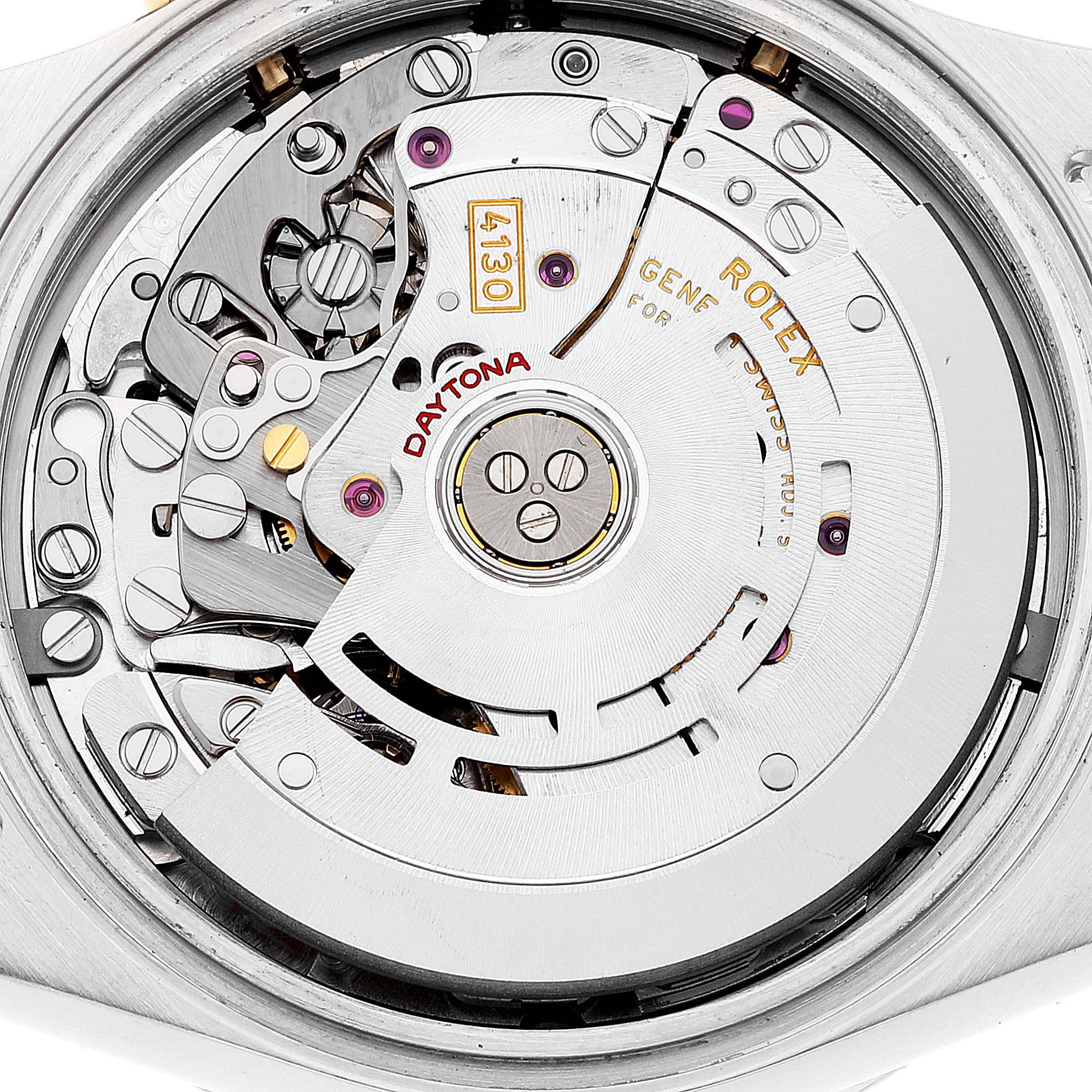 This image shows the inner mechanics and movement of a Rolex Daytona 116523 Men's Steel and Gold (two tone) Silver Dial 116523 Men's Steel and Gold (two tone) Silver Dial watch taken from a back angle.