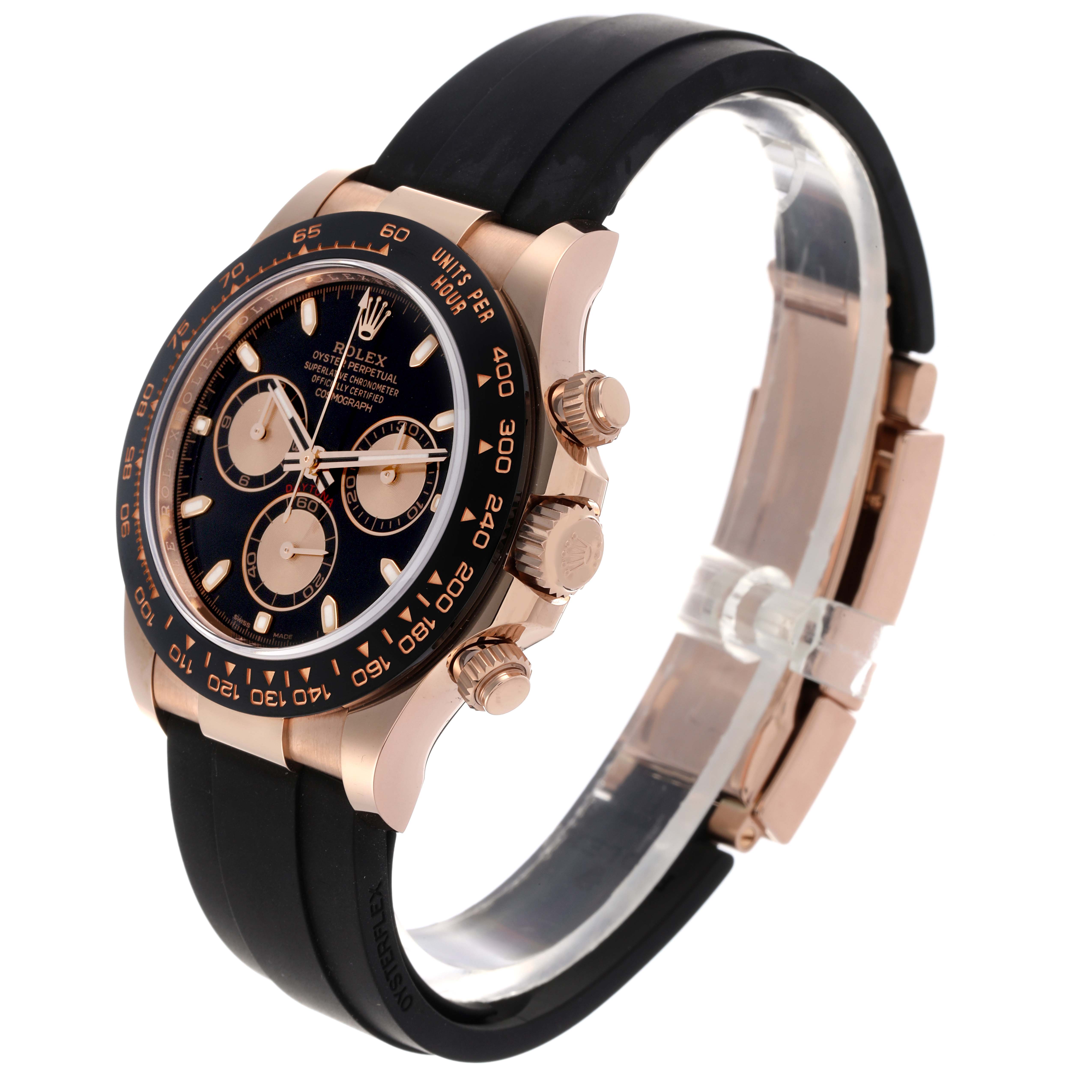 The Rolex Daytona 116515LN Men's Rose Gold Black Dial 116515LN Men's Rose Gold Black Dial watch is shown at a three-quarter angle, highlighting the face, bezel, pushers, and part of the strap.