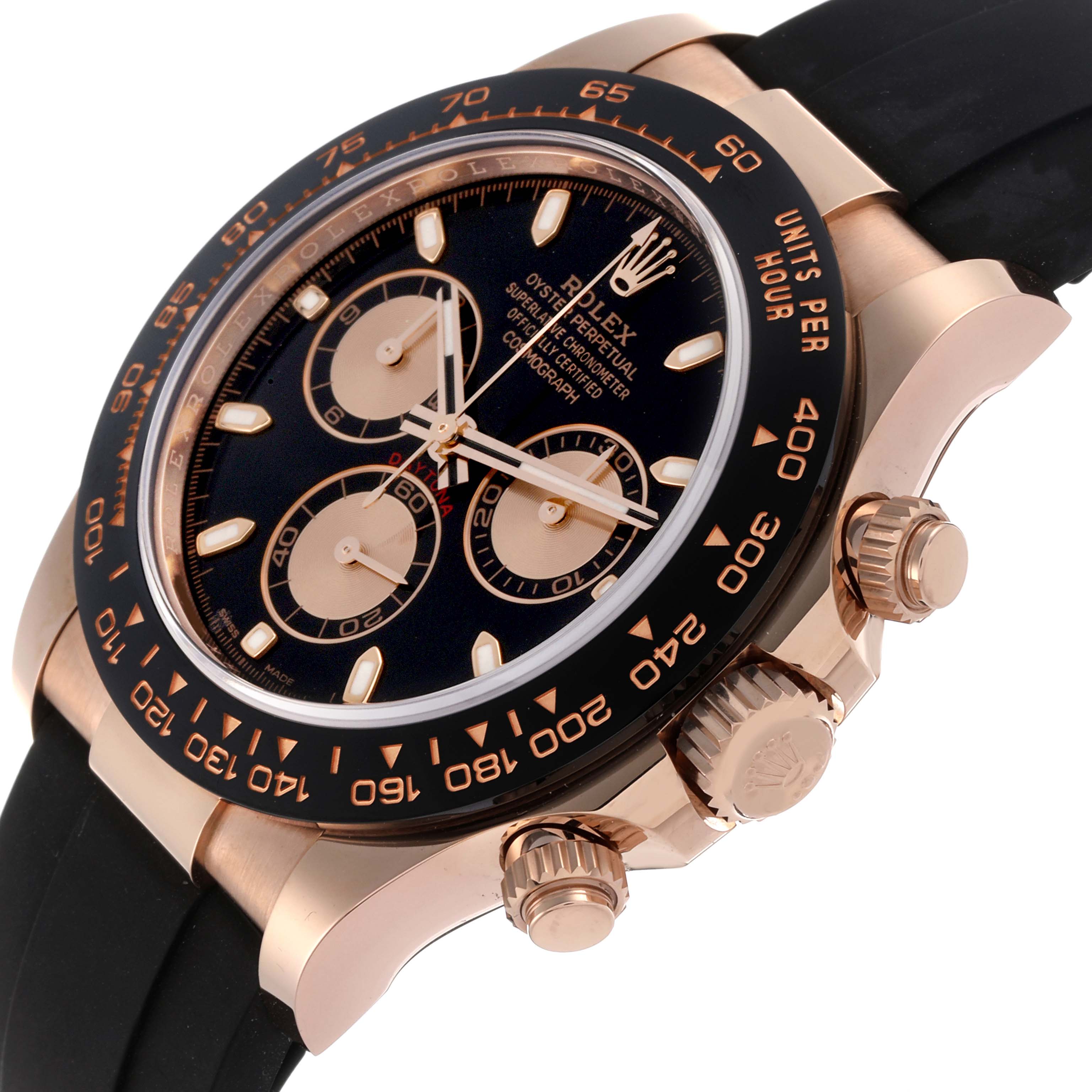 The Rolex Daytona 116515LN Men's Rose Gold Black Dial 116515LN Men's Rose Gold Black Dial watch is shown at an angle highlighting the bezel, dial, crown, and pushers.