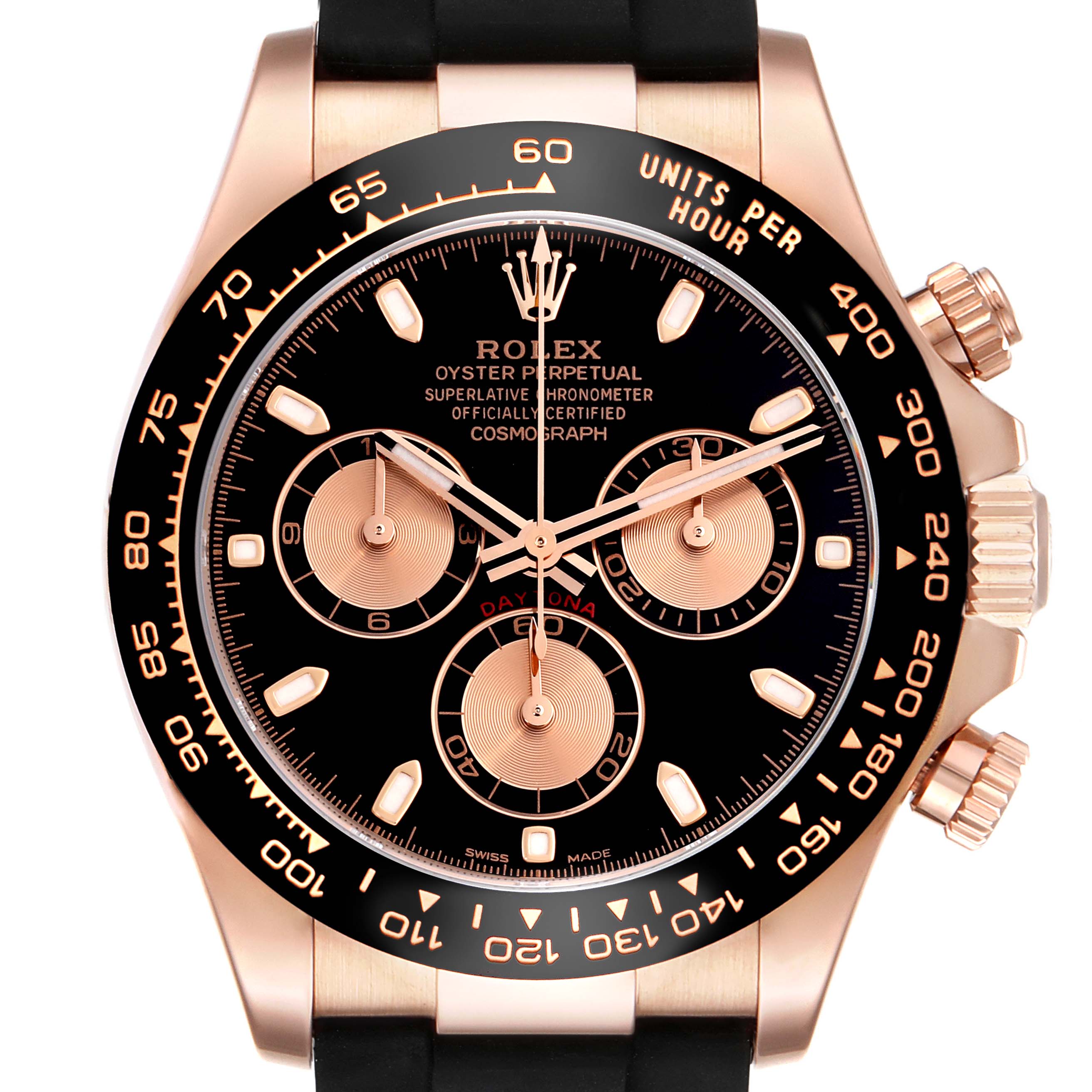 The image shows a frontal view of a Rolex Daytona 116515LN Men's Rose Gold Black Dial 116515LN Men's Rose Gold Black Dial, highlighting the dial, bezel, and crown.