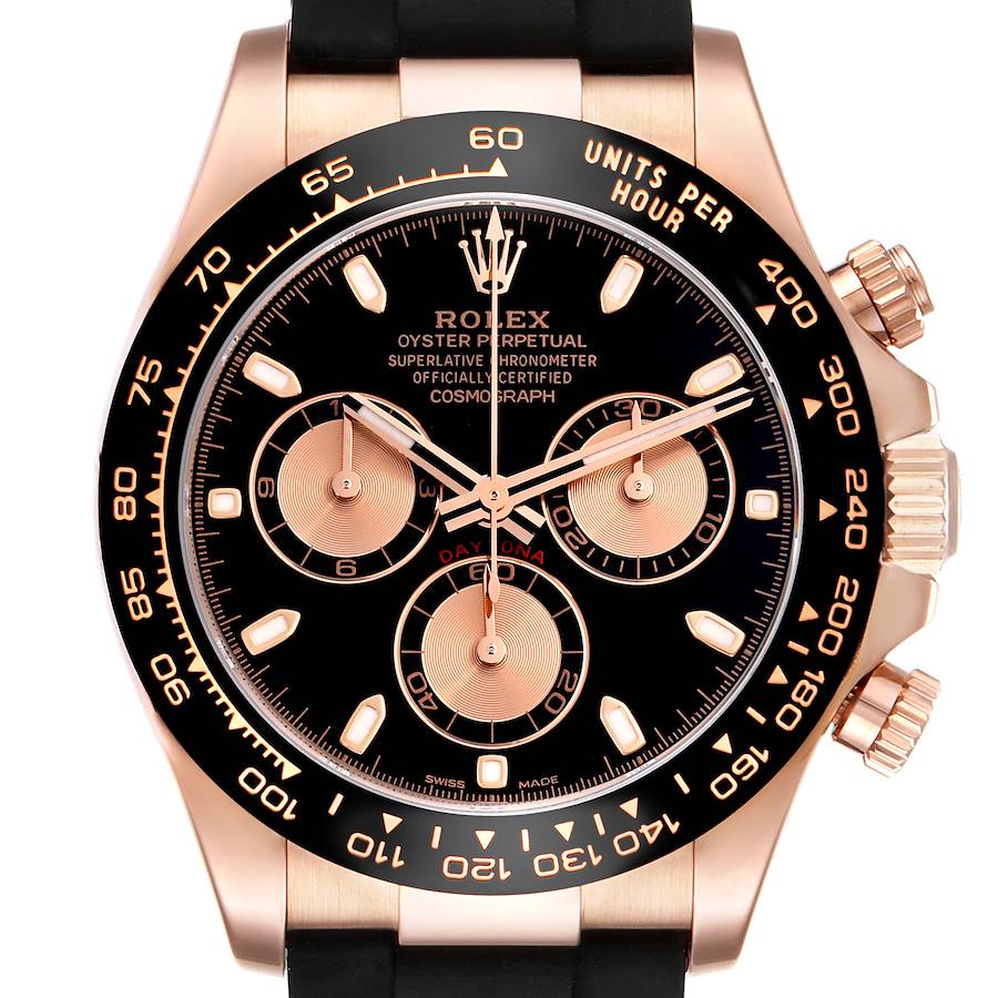 The image shows a frontal view of a Rolex Daytona, highlighting the dial, bezel, and crown.