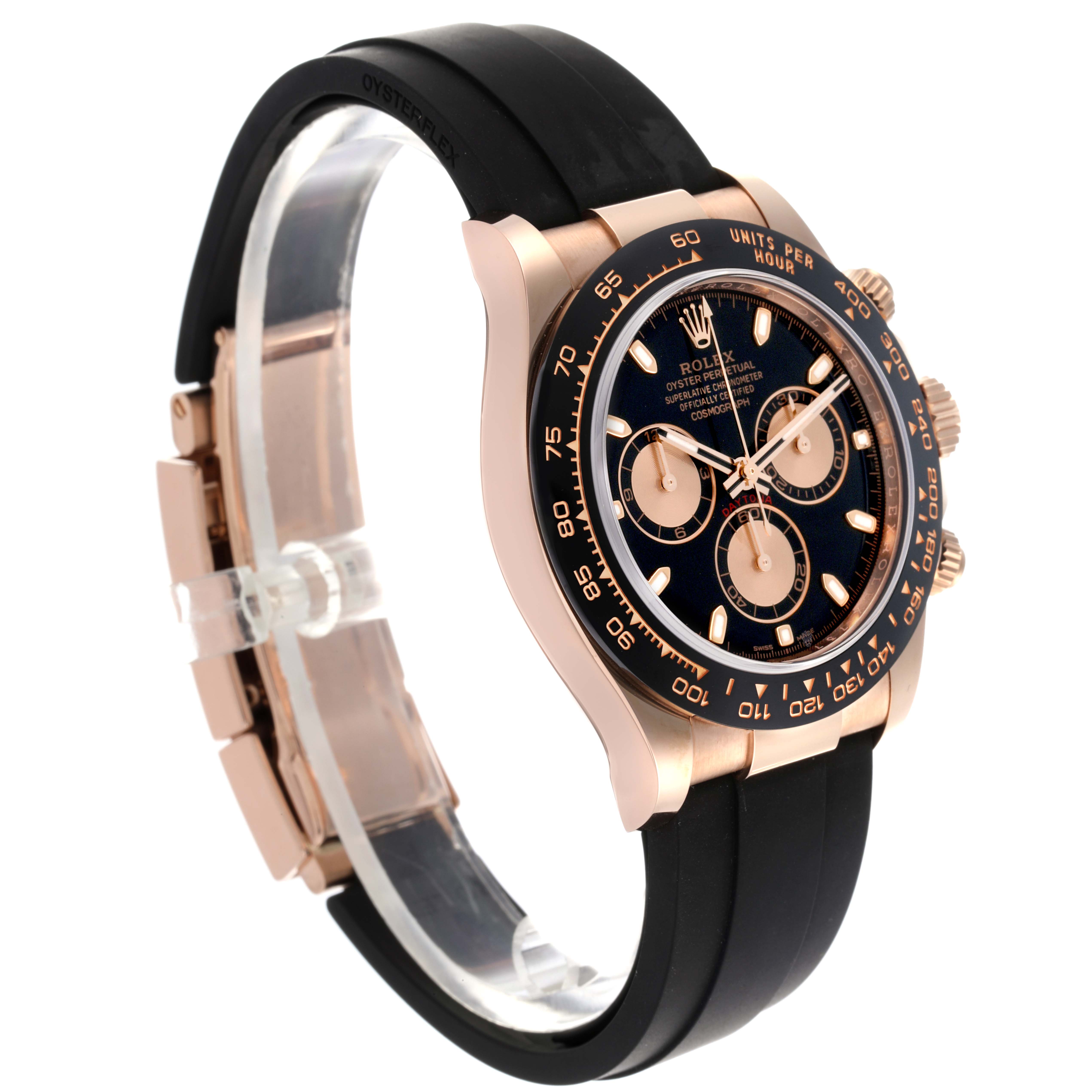 The Rolex Daytona 116515LN Men's Rose Gold Black Dial 116515LN Men's Rose Gold Black Dial watch is shown at a side angle highlighting the face, bezel, and strap.