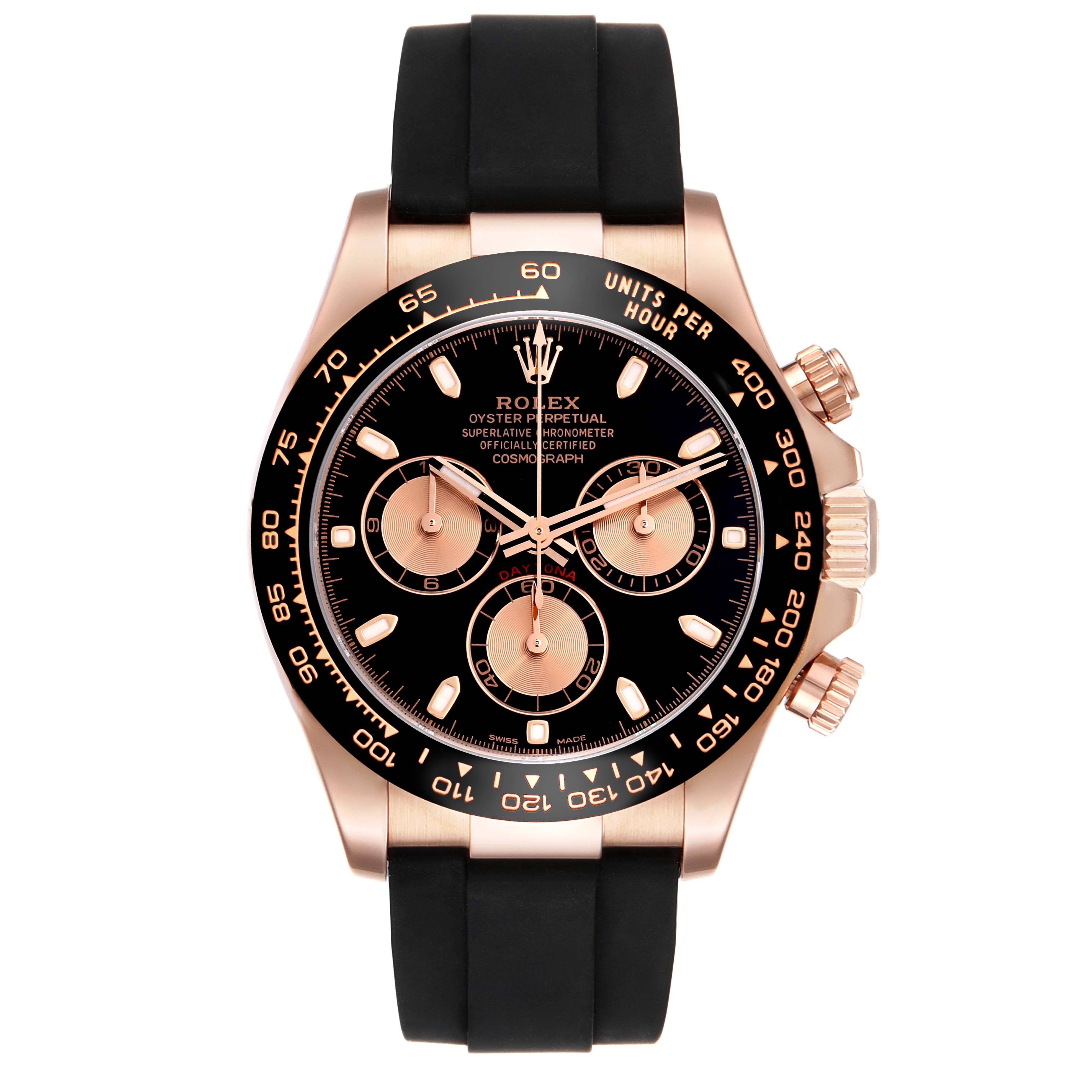 The Rolex Daytona 116515LN Men's Rose Gold Black Dial 116515LN Men's Rose Gold Black Dial watch is shown from the front, highlighting its rose gold case, black dial, and rubber strap.