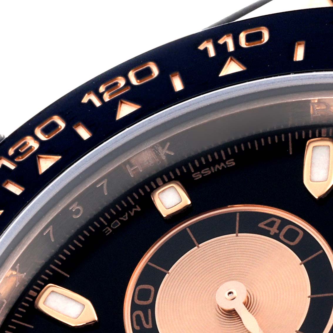 The image shows the bezel and part of the dial of a Rolex Daytona 116515LN Men's Rose Gold Black Dial 116515LN Men's Rose Gold Black Dial, focusing on the numerals and markers.