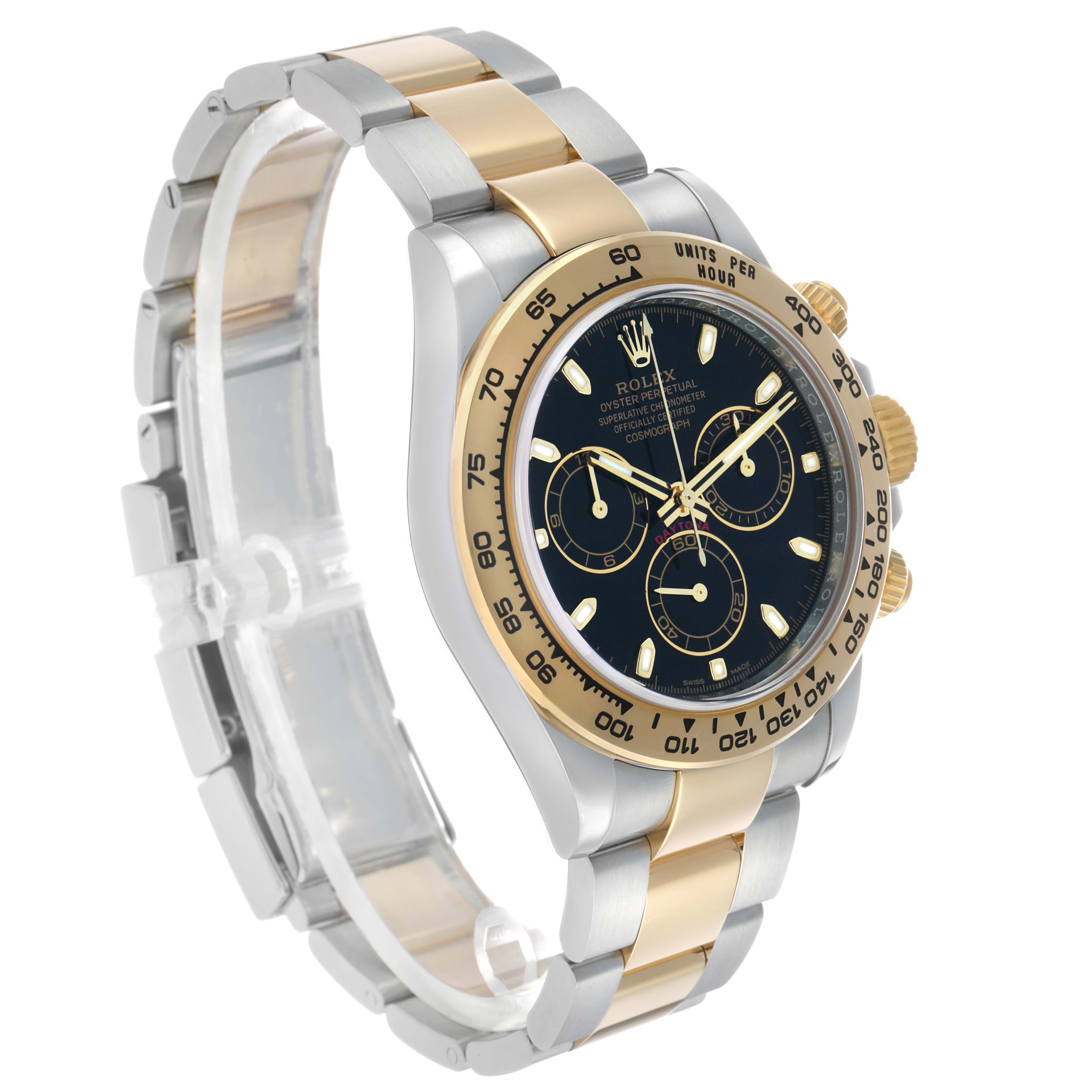The Rolex Daytona 116503 Men's Steel and Gold (two tone) Black Dial watch is shown at a 3/4 angle, highlighting the face, bezel, and bracelet.