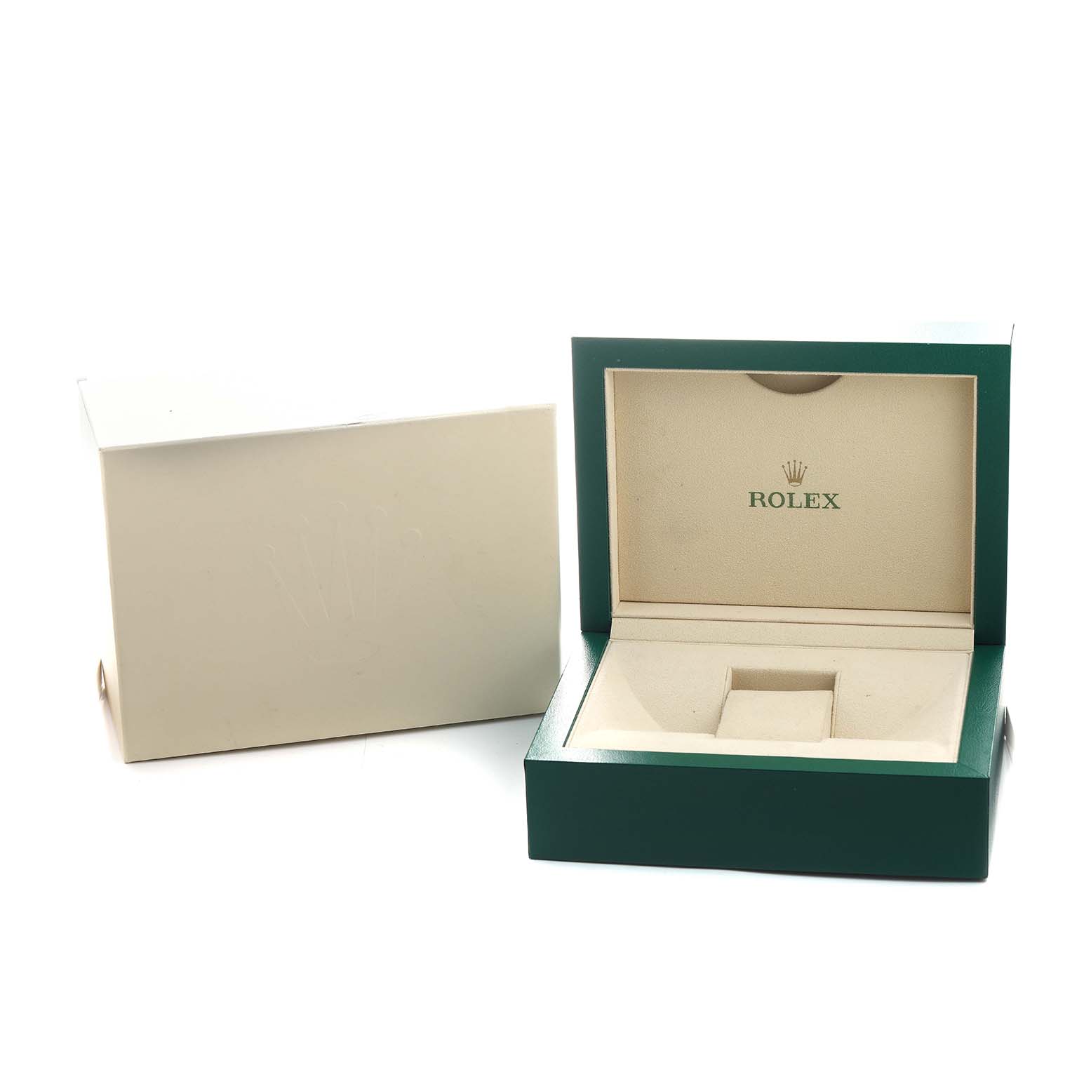 The image shows an open Rolex Daytona 116503 Men's Steel and Gold (two tone) Black Dial watch box with its outer cover, showcasing the interior branding.