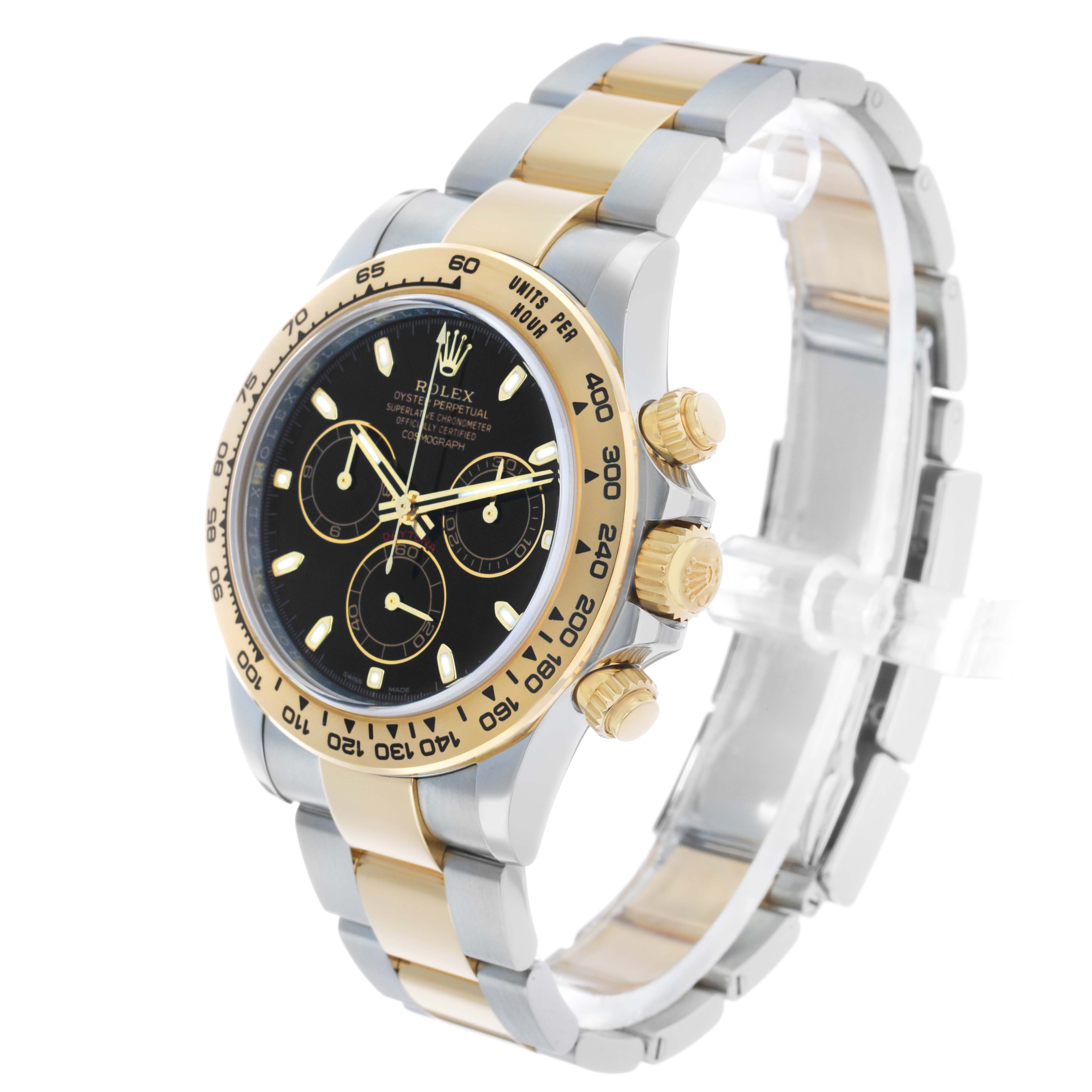The Rolex Daytona 116503 Men's Steel and Gold (two tone) Black Dial watch is shown at an angled view displaying the bezel, dial, pushers, crown, and two-tone bracelet.